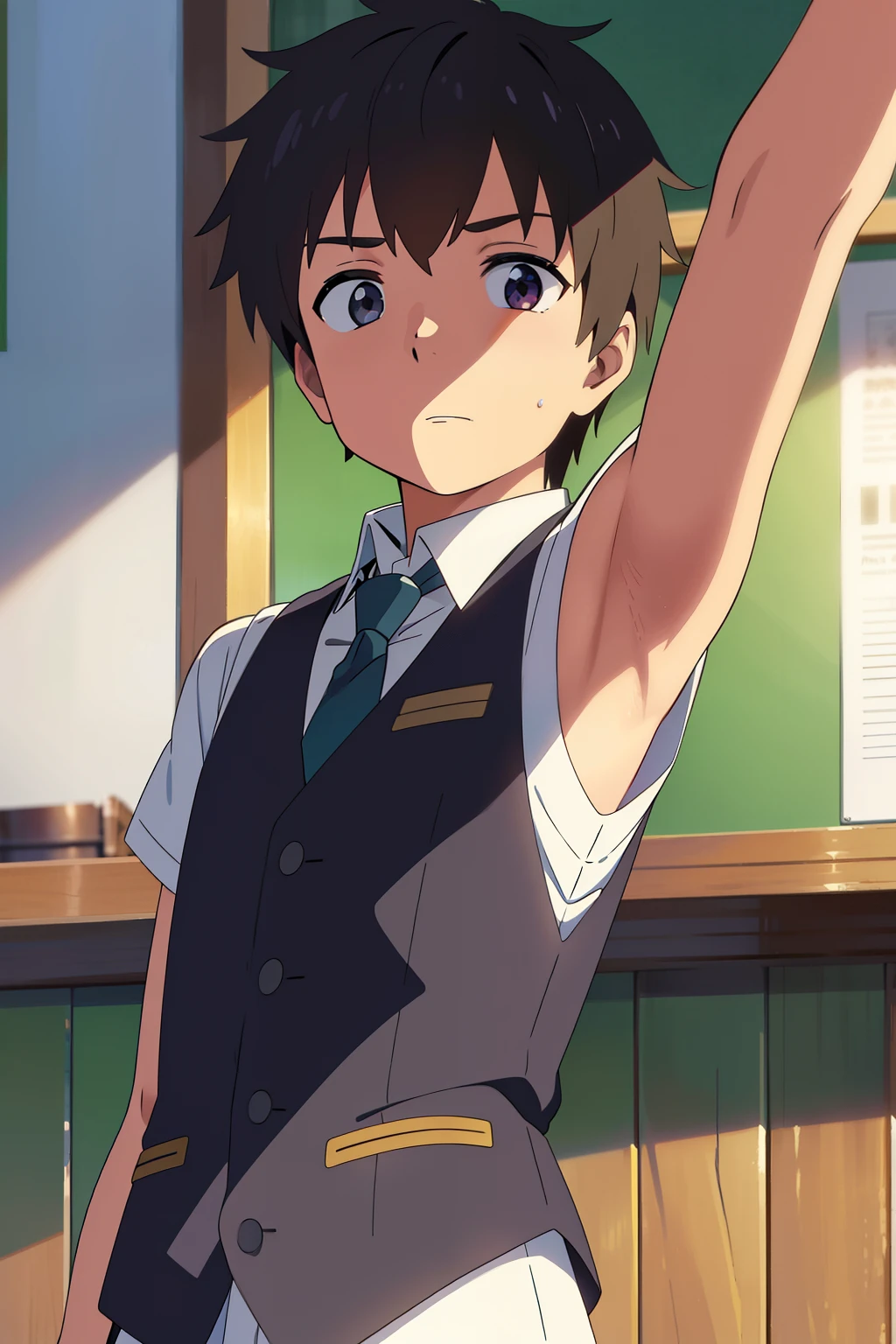 shinkai makoto, kimi no na wa, Highres, Masterpiece, Best quality at best,Best Quality,hight quality, hight detailed, Anime style, 1boy, Shota, young boy, Solo person, cafe, Sleeveless vest, Tie, Seen from the front, look at viewer, (very young boy), (very small and short body), s, (Showing armpit:1.3), hansome boy