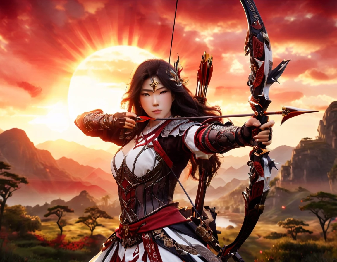 a Japanese watercolor illustration (using Black, white and red colors only) of a exquisite beautiful female archer, (silhouette artwork: 1.3), (aiming a bow: 1.4), holding the (composite masterwork bow: 1.3)  perfectly, ready for action as the sun rises, fantasy art, ), sun rising behind the archer, ready to act,  ultra feminine, with a long curvy hair, wearing knights armor, intricate clothes, , sting drawn to the cheek , arrow ready to be shot, (tip of the arrow glimmers in the sun: 1.3), sunrays, divine rays, high details, best quality, 16k, [ultra detailed], masterpiece, best quality, (extremely detailed), dynamic angle, Aiming a Bow, bow (weapon), Aiming a Bow