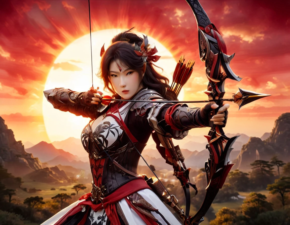 a Japanese watercolor illustration (using Black, white and red colors only) of a exquisite beautiful female archer, (silhouette artwork: 1.3), (aiming a bow: 1.4), holding the (composite masterwork bow: 1.3)  perfectly, ready for action as the sun rises, fantasy art, ), sun rising behind the archer, ready to act,  ultra feminine, with a long curvy hair, wearing knights armor, intricate clothes, , sting drawn to the cheek , arrow ready to be shot, (tip of the arrow glimmers in the sun: 1.3), sunrays, divine rays, high details, best quality, 16k, [ultra detailed], masterpiece, best quality, (extremely detailed), dynamic angle, Aiming a Bow, bow (weapon), Aiming a Bow