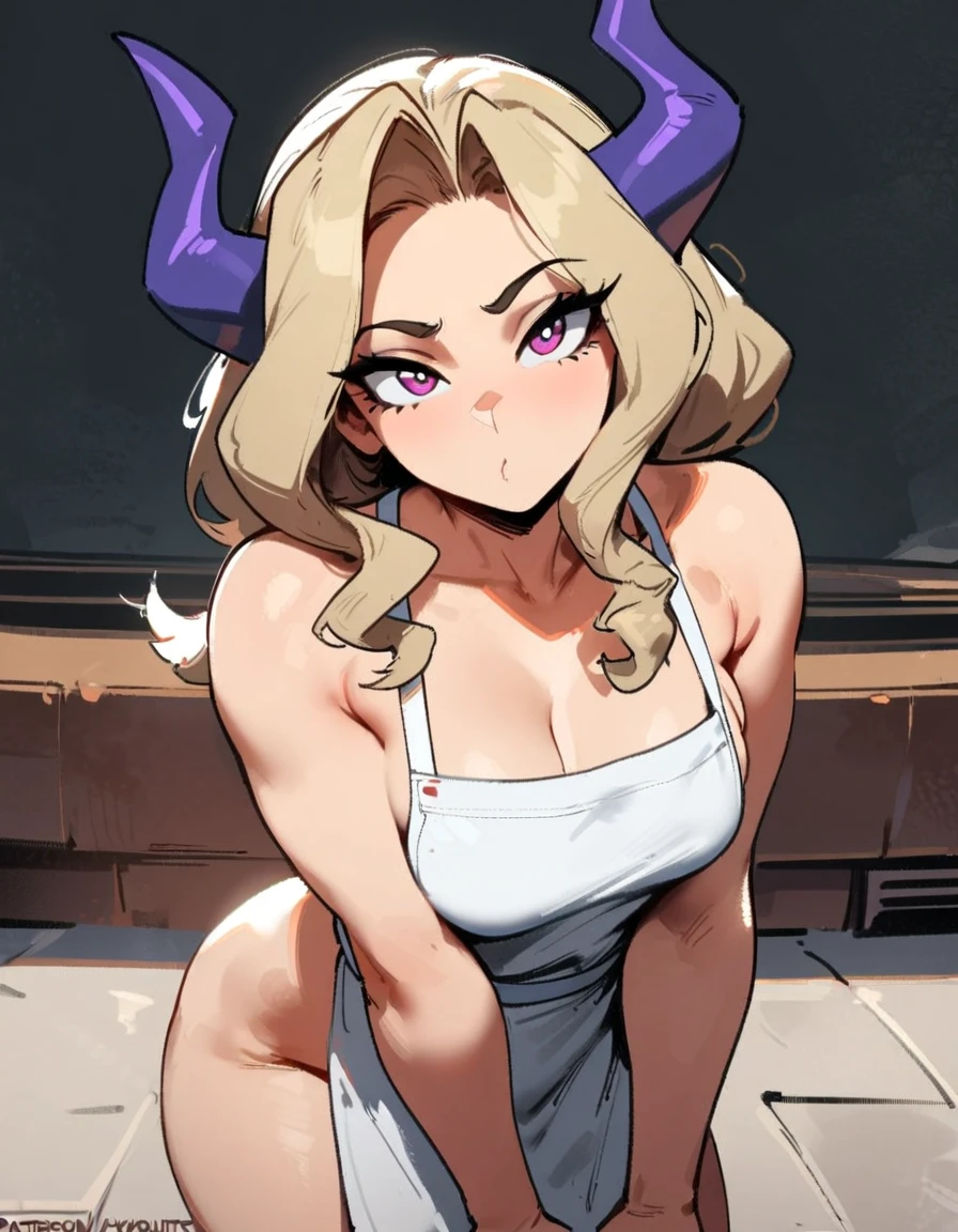 1girl, mount lady, boku no hero academia \\\\\ masterpiece, best quality, very aesthetic, absurdres, newest \\\\\\ sportive body, \\\\\\ by dodok, nyantcha, cutesexyrobutts, by khyle ///// blonde, purple eyes, , 24 years old,, wearing only apron, , naked, rating general,