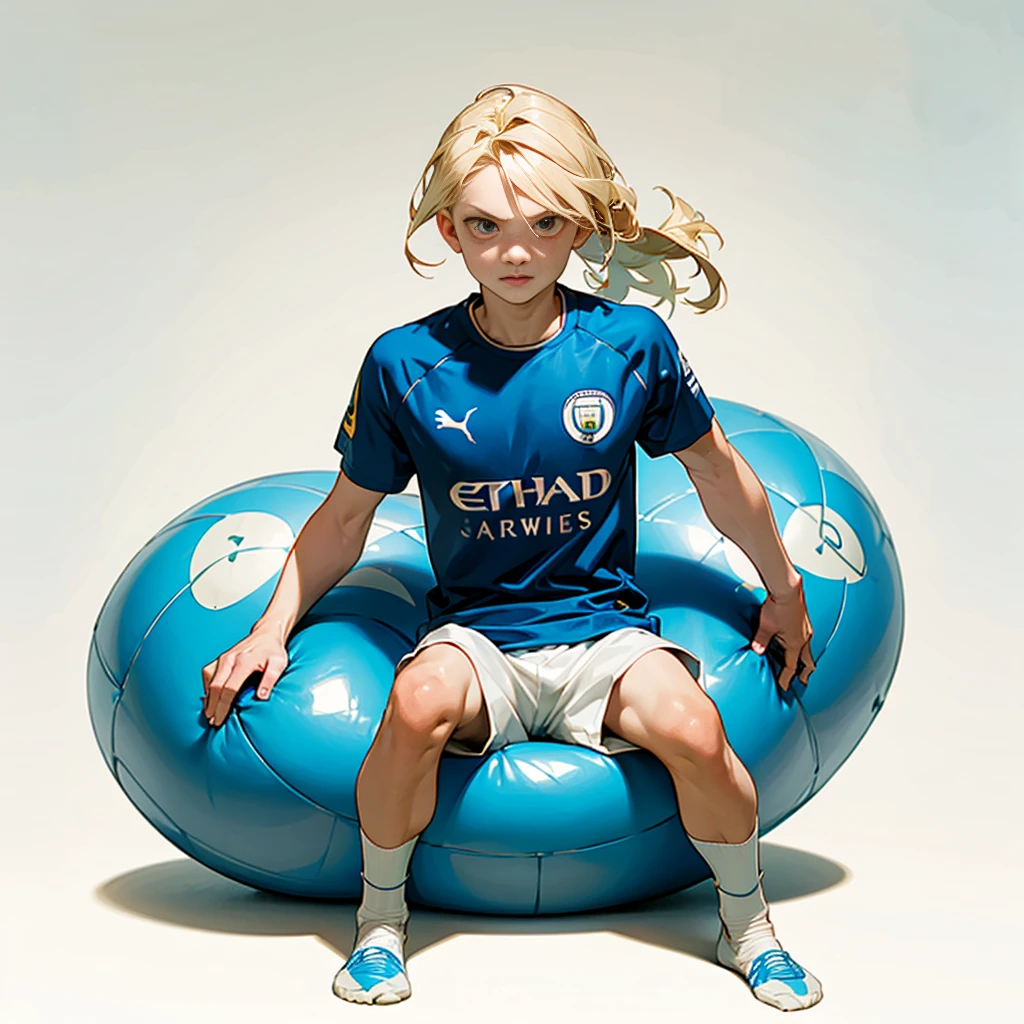 Random evolution, (1boy), (full body version), **********, Masculine, (his face scowls), albino skin, sport, football player, 1ball, (Blonde colored hair, Long Straight hairstyle, narrow eyes, hazel eyes), Manchester City blue t-shirt, White shorts, white socks, Grassroots, There's a ball 