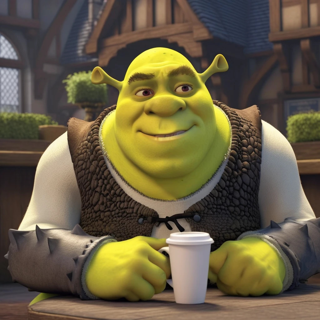 Shrek1024, wears a puffy jacket and a tracksuit, drink a cofee in an english pub with laptop,  detailed eyes, highly detailed, photography, ultra sharp, film, bokeh, professional, 4k   