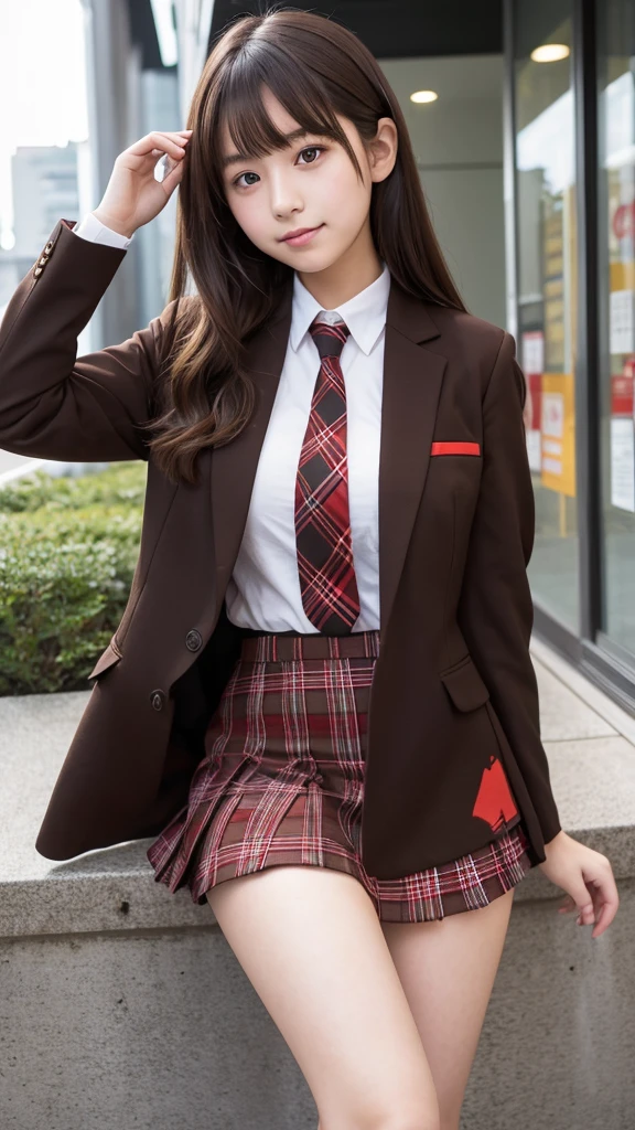 Japanese、18-year-old high school girl.Brown Blazer Uniform、Black and red plaid mini skirt、Thick thighs