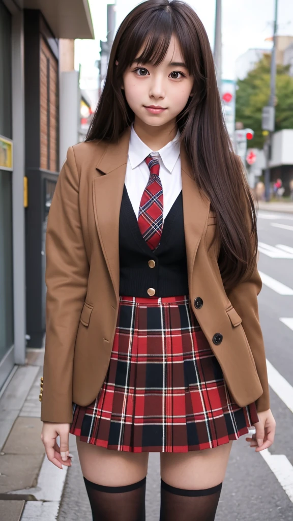 Japanese、18-year-old high school girl.Brown Blazer Uniform、Black and red plaid mini skirt、Thick thighs
