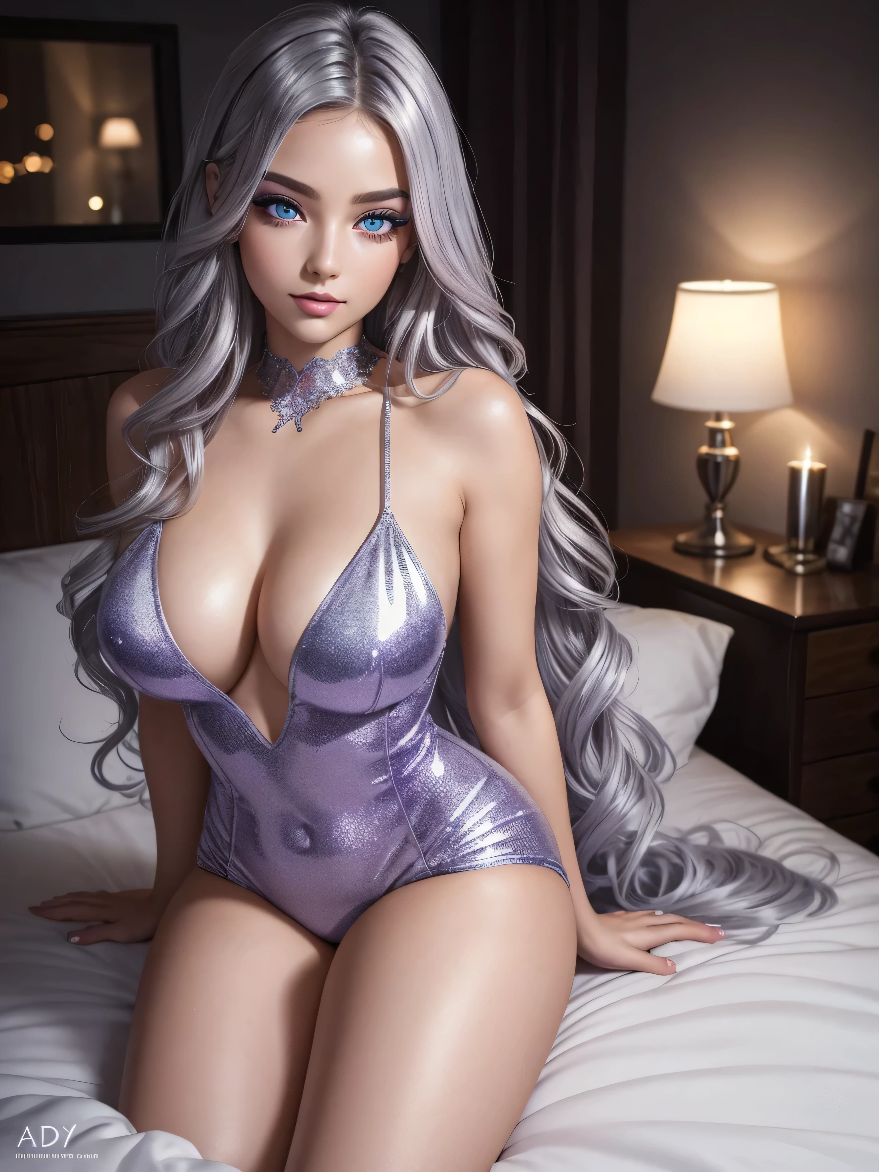 In a dimly lit bedroom with soft, warm lighting, a stunning young busty woman sits on the bed, her long wavy silver hair glistening in the glow. She wears a sparkling silver bodysuit that seems to shimmer and shine like bioluminescent paint, matching the radiant violet hue of her eyes. Her expression is sultry, with mesmerizing eye contact that draws the viewer in. Her breasts are perfectly rounded, with a subtle sag that adds to their allure. As she kneels forward, her legs spread invitingly, showcasing her confidence and sex appeal. The watercolor-inspired hues on her skin blend seamlessly, creating a photorealistic effect that's almost too beautiful to be real. (Detailed eyes,Long eyelashes,Bright and colorful iris,Expressive eyebrows,Blend eyeshadow perfectly,Eyes sparkle,Reflective eyeballs, Heterochromia)