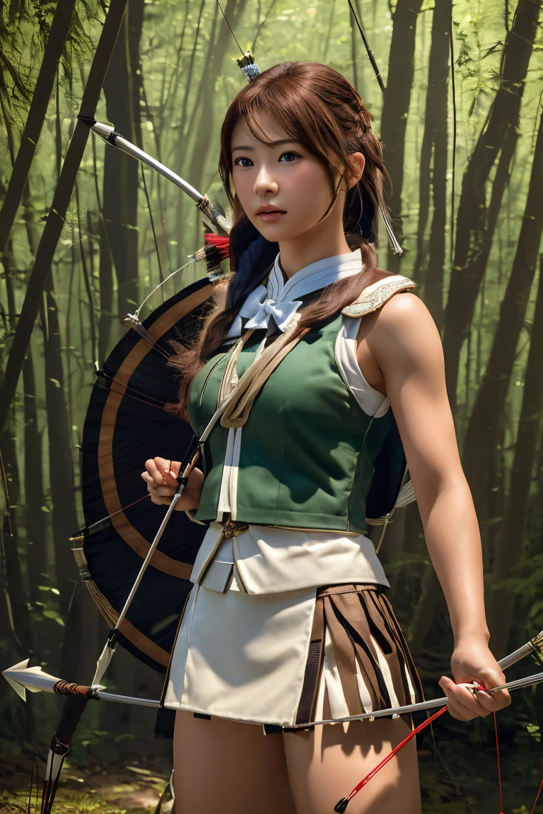 A beautiful young archer girl with smooth skin and large, expressive eyes, captured in a photorealistic style. She is standing in a sunlit forest, with her bow and quiver of arrows, ready for action. High detail, 8k resolution, ultra-detailed, masterpiece.((Archer:1.3))