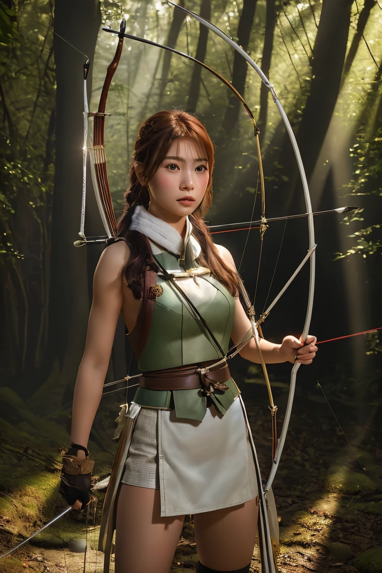 A beautiful young archer girl with smooth skin and large, expressive eyes, captured in a photorealistic style. She is standing in a sunlit forest, with her bow and quiver of arrows, ready for action. High detail, 8k resolution, ultra-detailed, masterpiece.((Archer:1.3))