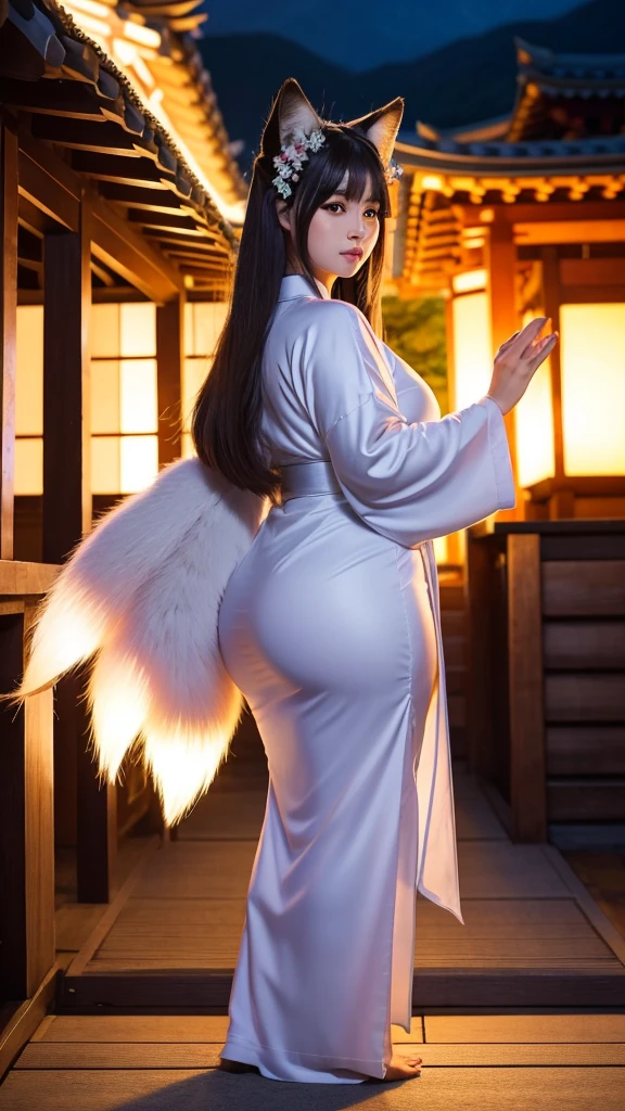 "A beautiful, majestic female character named nine tail flower (Kyubi no Hana) with an extremely curvy, very voluptuous, and extremely chubby body. She has long silver hair, large golden eyes with slit pupils, and a face radiating elegance. She is dressed in a luxurious kimono with golden embroidery and a fox crest on the obi. Behind her, nine glowing, majestic tails spread out gracefully."
"Kyubi no Hana stands in front of an ancient Shinto shrine deep in the mountains, surrounded by blooming cherry trees. Her extremely curvy, very voluptuous, and extremely chubby figure exudes overwhelming power and grace. Nine glowing tails spread out behind her, and soft light particles float around her, symbolizing her immense power. At night, her tails emit a mystical glow, enveloping the shrine."
"Kyubi no Hana, with her extremely curvy, very voluptuous, and extremely chubby body, stands with authority and kindness in front of a majestic shrine. Her nine glowing tails create an ethereal atmosphere as she raises her hand to form a spiritual barrier, protecting the shrine from evil."