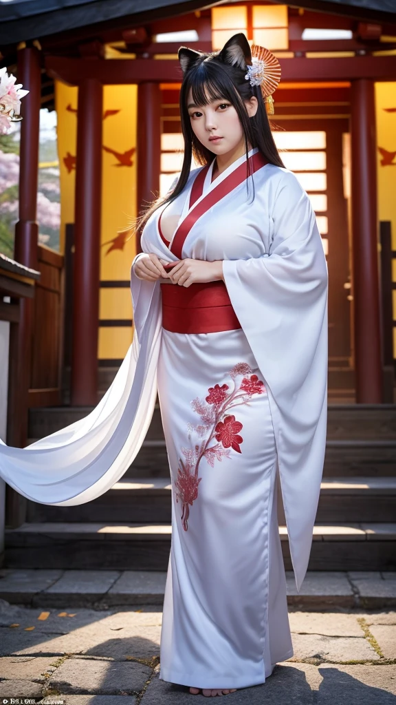 "A beautiful, majestic female character named nine tail flower (Kyubi no Hana) with an extremely curvy, very voluptuous, and extremely chubby body. She has long silver hair, large golden eyes with slit pupils, and a face radiating elegance. She is dressed in a luxurious kimono with golden embroidery and a fox crest on the obi. Behind her, nine glowing, majestic tails spread out gracefully."
"Kyubi no Hana stands in front of an ancient Shinto shrine deep in the mountains, surrounded by blooming cherry trees. Her extremely curvy, very voluptuous, and extremely chubby figure exudes overwhelming power and grace. Nine glowing tails spread out behind her, and soft light particles float around her, symbolizing her immense power. At night, her tails emit a mystical glow, enveloping the shrine."
"Kyubi no Hana, with her extremely curvy, very voluptuous, and extremely chubby body, stands with authority and kindness in front of a majestic shrine. Her nine glowing tails create an ethereal atmosphere as she raises her hand to form a spiritual barrier, protecting the shrine from evil."