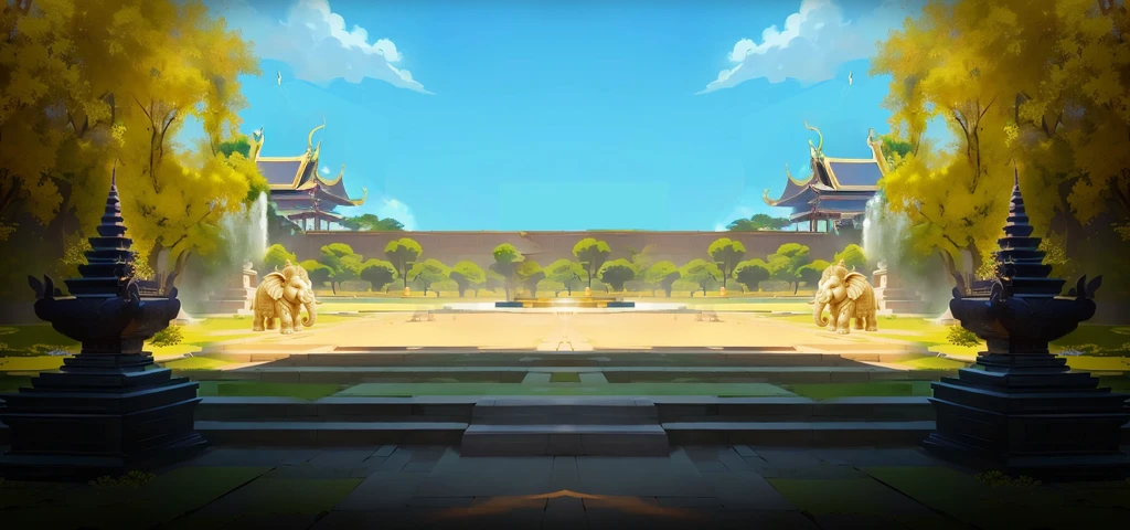 there is a painting of a courtyard with 2 gold elephants statue thailand and thailand temple, arena background, mobile game background, background art, background artwork, palace background, game background, temple background, volley court background, zen temple background, anime background art, royal garden background, amazing wallpaper, anime background, 2 d game art background, park background, anime scenery concept art, videogame background, Cassia fistula, far architect thailand, thailand temple, temple behind, thailand mood, thailand backgound