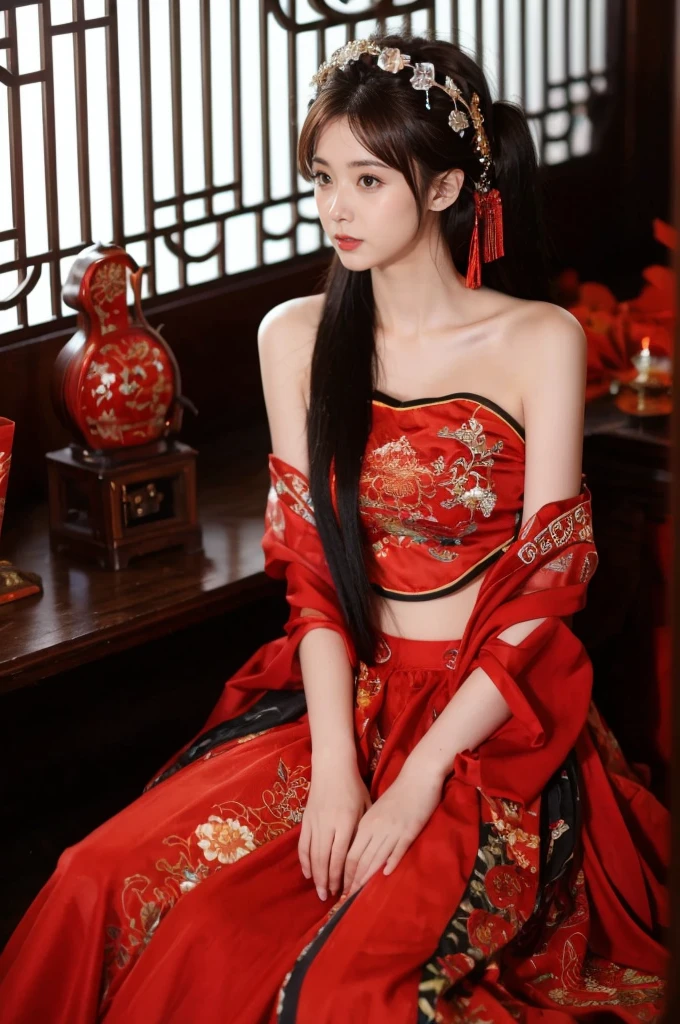 1 girl, skirt, Hair accessories, red skirt, Solitary, Chinese clothes, Long hair, sit, Bare shoulders, window, Brown hair, OK, indoors, Black Hair,
Looking at the audience