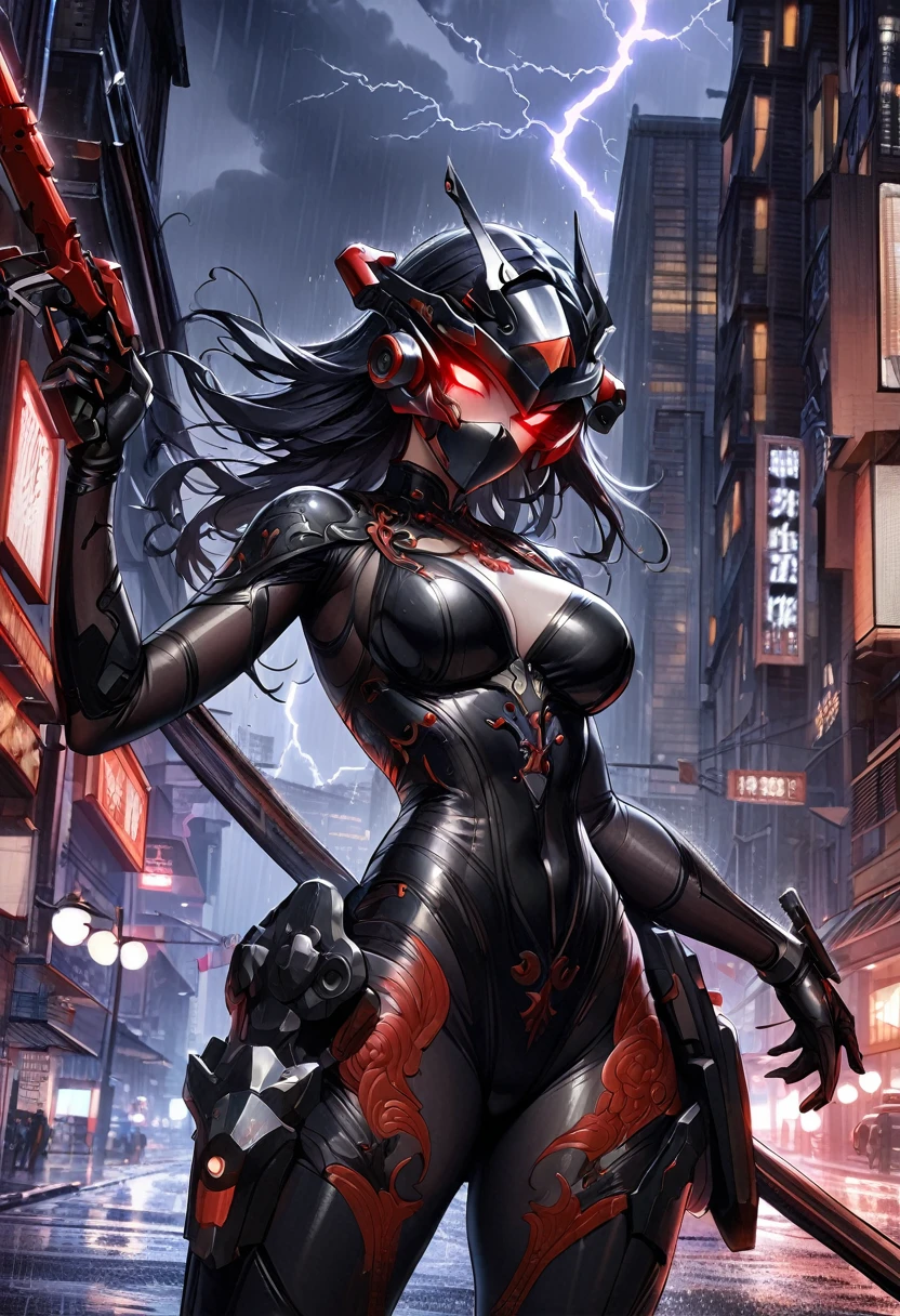 1 Chinese girl, Warframe, Complex patterns, heavy metal, Energy Line, The Faceless, Glowing eyes, elegant, intense, Blood red and black, Solitary, Modern, City, street, dark clouds, thunderstorm, Heavy rain,, Dramatic Lighting,, (masterpiece:1.2), best quality, high resolution,   Beautiful and detailed, Extremely detailed, Perfect lighting,