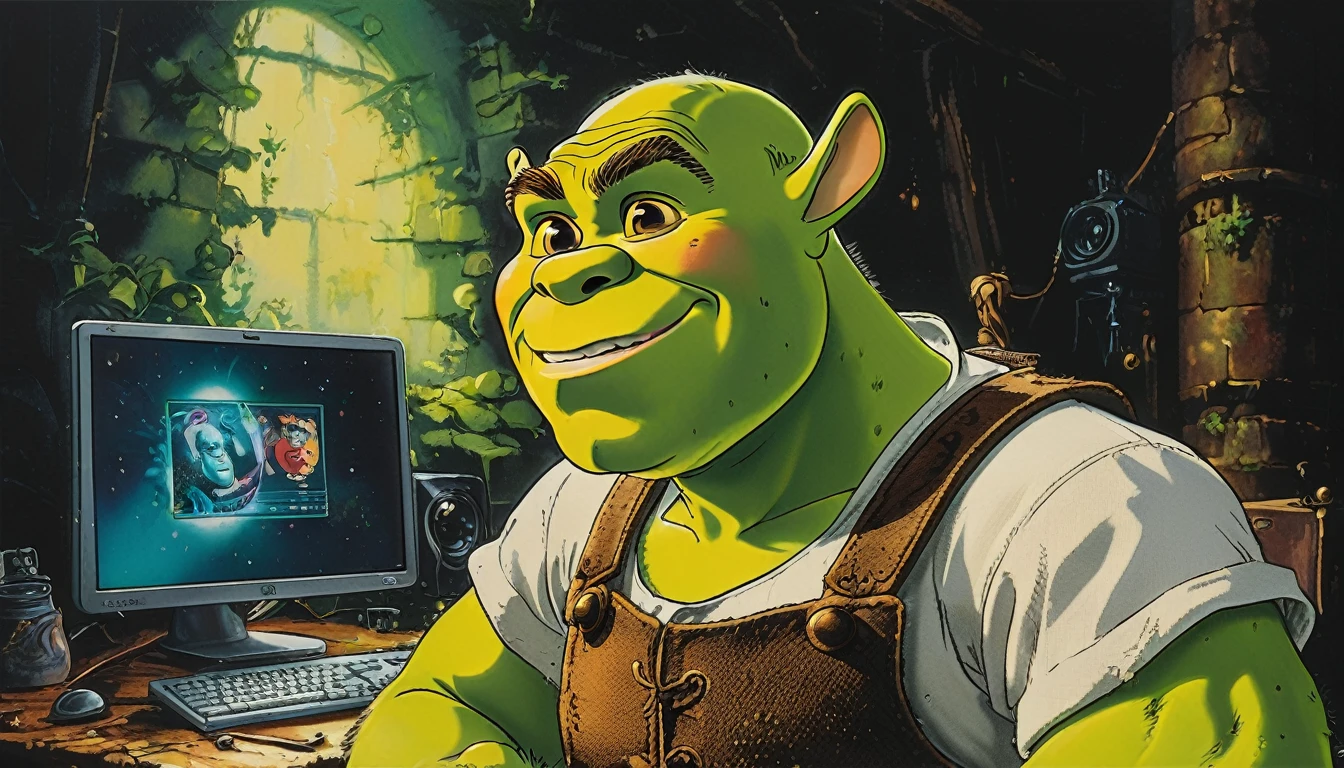 impactful paint of Shrek with his computer programming  highly detailed,   8k,   sharp,  professional, clear,   high contrast, high saturated, , vivid deep blacks, crystal clear