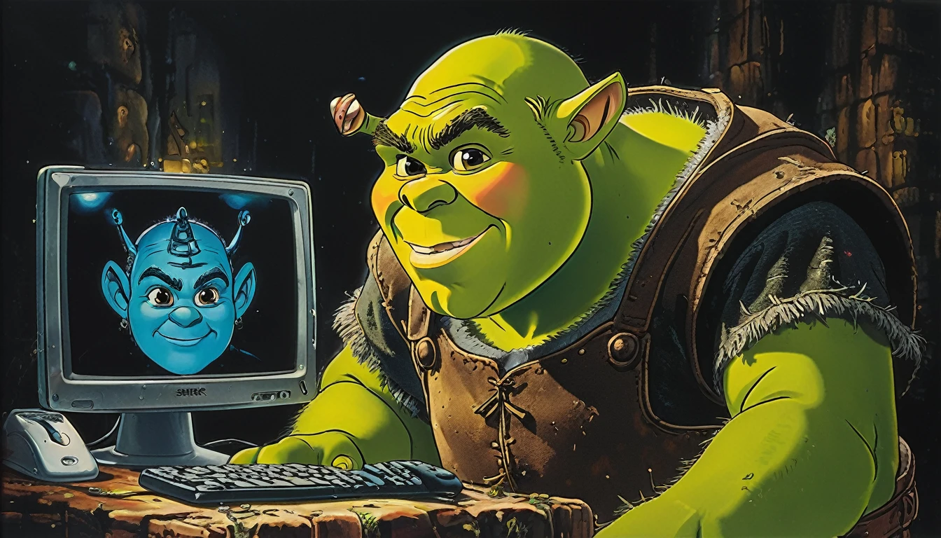 impactful paint of Shrek with his computer programming  highly detailed,   8k,   sharp,  professional, clear,   high contrast, high saturated, , vivid deep blacks, crystal clear