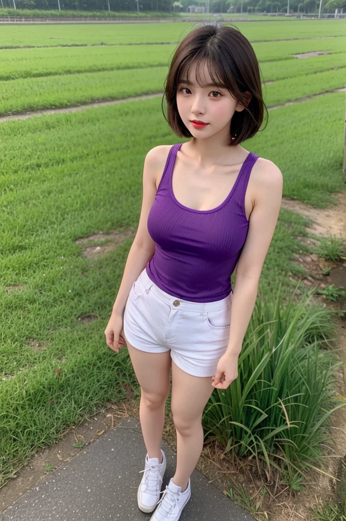 A very cute girl, solo, young, wearing purple tank top and short pants, big breasts, white and smooth skin, standing, full body, medium hairs, red lip, at rice field, realistic face