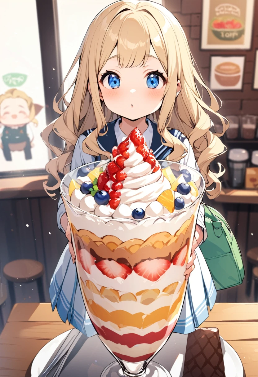 BREAK Perfect Anatomy、Highest quality、(cute:1.1)、(cute)、(High resolution:1.2)、Unbelievably absurd:1.3、Incredible illustrations、(cuteイラスト:1.2)、（Beautiful background、Coffee shop）1gial(Blonde hair and blue eyes、Wavy Hair(child,(a girl, dwarf, height 1.3meters, 30kg),,-yeld,flchest）（school uniform）Giga-sized cocoa float parfait and a girl