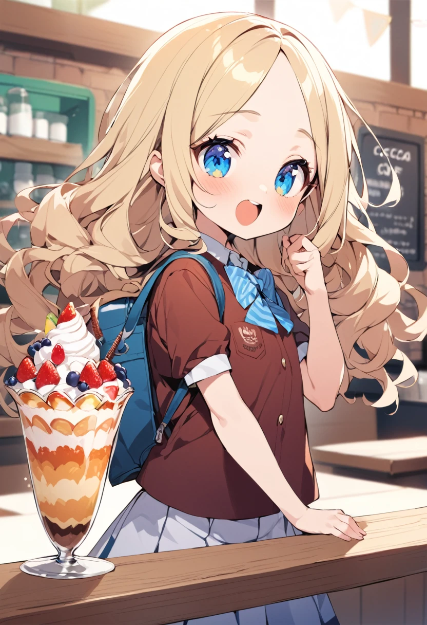 BREAK Perfect Anatomy、Highest quality、(cute:1.1)、(cute)、(High resolution:1.2)、Unbelievably absurd:1.3、Incredible illustrations、(cuteイラスト:1.2)、(Beautiful background、Coffee shop)1gial(Blonde hair and blue eyes、Wavy Hair(child,(a girl, dwarf, height 1.3meters, 30kg),,10-year-old,flat chest)(school uniform)Giga-sized cocoa float parfait and a girl