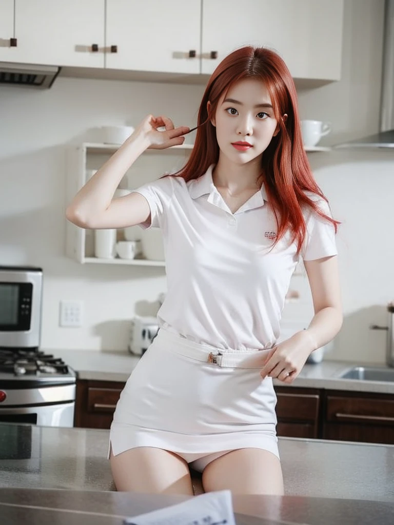 A red-haired girl wearing a white short-sleeved student shirt and white underwear was boiling water in the kitchen.,Keep your hands close to your body.,realistically,realistic,