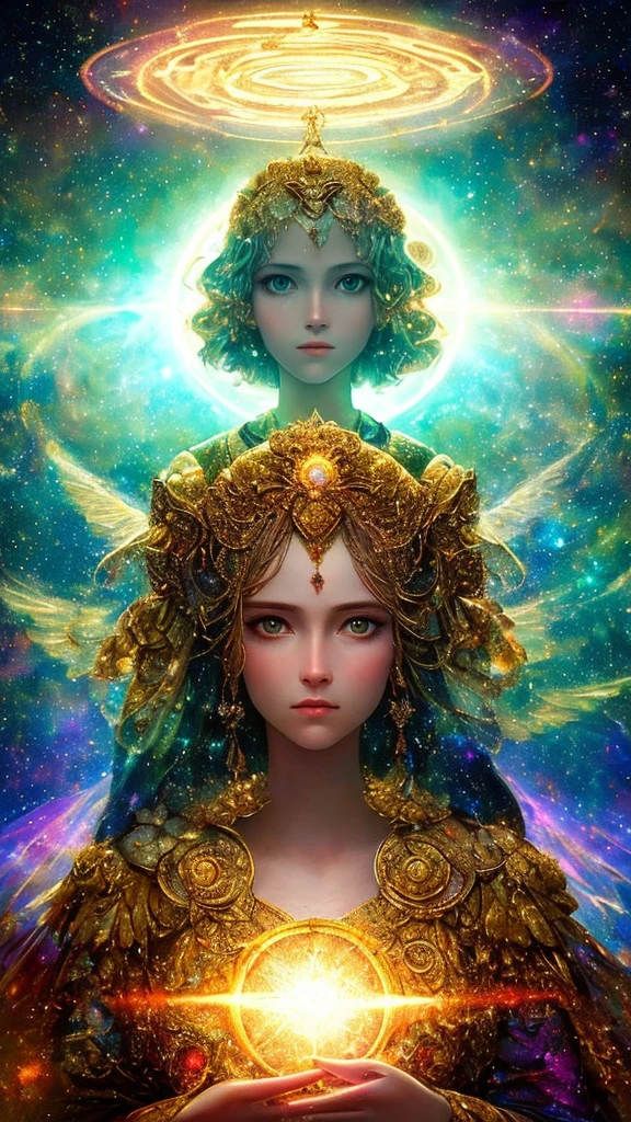 ((best quality)), ((masterpiece)), ((realistic)), portrait,
1girl, celestial, deity, goddess, light particles, halo, looking at viewer,
(bioluminescent:0.95), vibrant, colourful, color, (glowing, glow),
(beautiful composition), cinematic lighting, intricate, (symmetrical:0.5), whimsical,