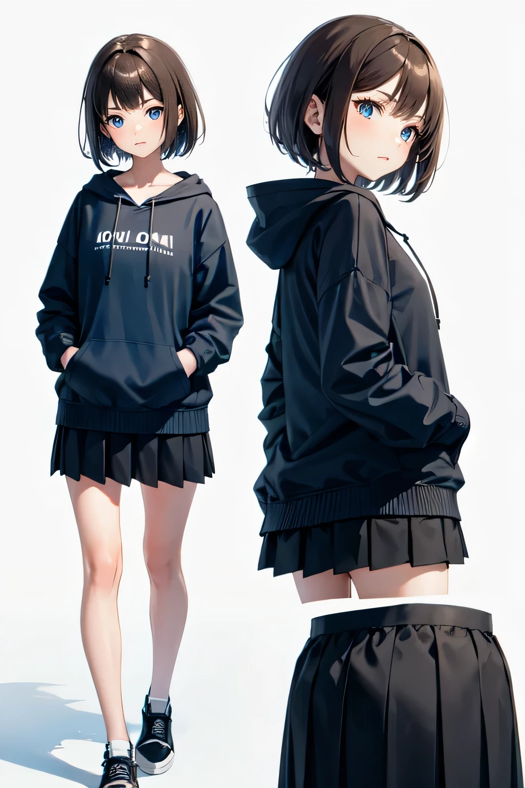 A girl with short brown hair and blue eyes wearing a hoodie and skirt, whole body, front, Plain background, 