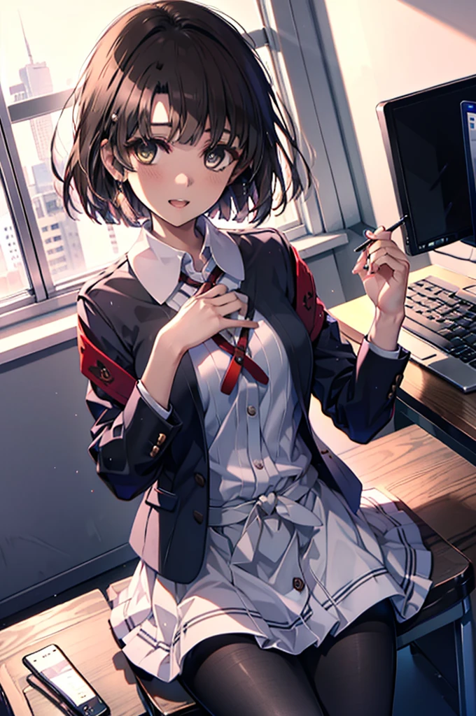 Katoumegumi, Megumi Katou, Brown Hair, short hair, (Brown eyes:1.5),happy smile, smile, Open your mouth,OL, Red glasses, end, Black suit jacket, Collared jacket, White dress shirt, Collared shirt, Neckline, button, strap, ID card on the neck, Black pencil skirt, Black Pantyhose,Stiletto heels,sit cross-legged on a chair,There is a computer on the desk,touch typing,インテリア
break looking at viewer,(Cowboy Shot:1. 5)
break indoors, office,
break (masterpiece:1.2), Highest quality, High resolution, unity 8k wallpaper, (shape:0.8), (Beautiful and beautiful eyes:1.6), Highly detailed face, Perfect lighting, Highly detailed CG, (Perfect hands, Perfect Anatomy),