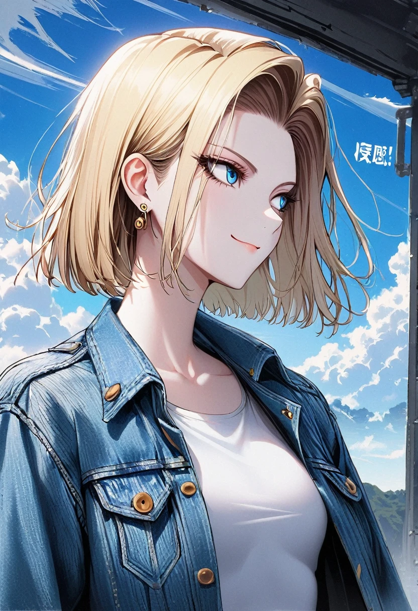 1 Girl, Solitary, Android 18, Blonde hair, blue eyes, short hair, Jewelry, earrings, Smile, jacket, looking off to the side, denim, denim jacket, Upper Body, underwear, Shut up, cloud, sky空, sky, Look away, blue sky空, collarb,