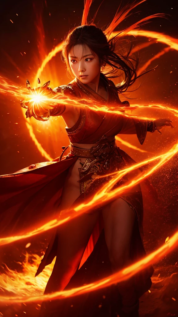 Nurarihyon throws his golden fan open, revealing a scene of a fiery red sun painted on its surface. This is the signal for attack. High resolution, 9:16 aspect ratio, dramatic and symbolic gesture.