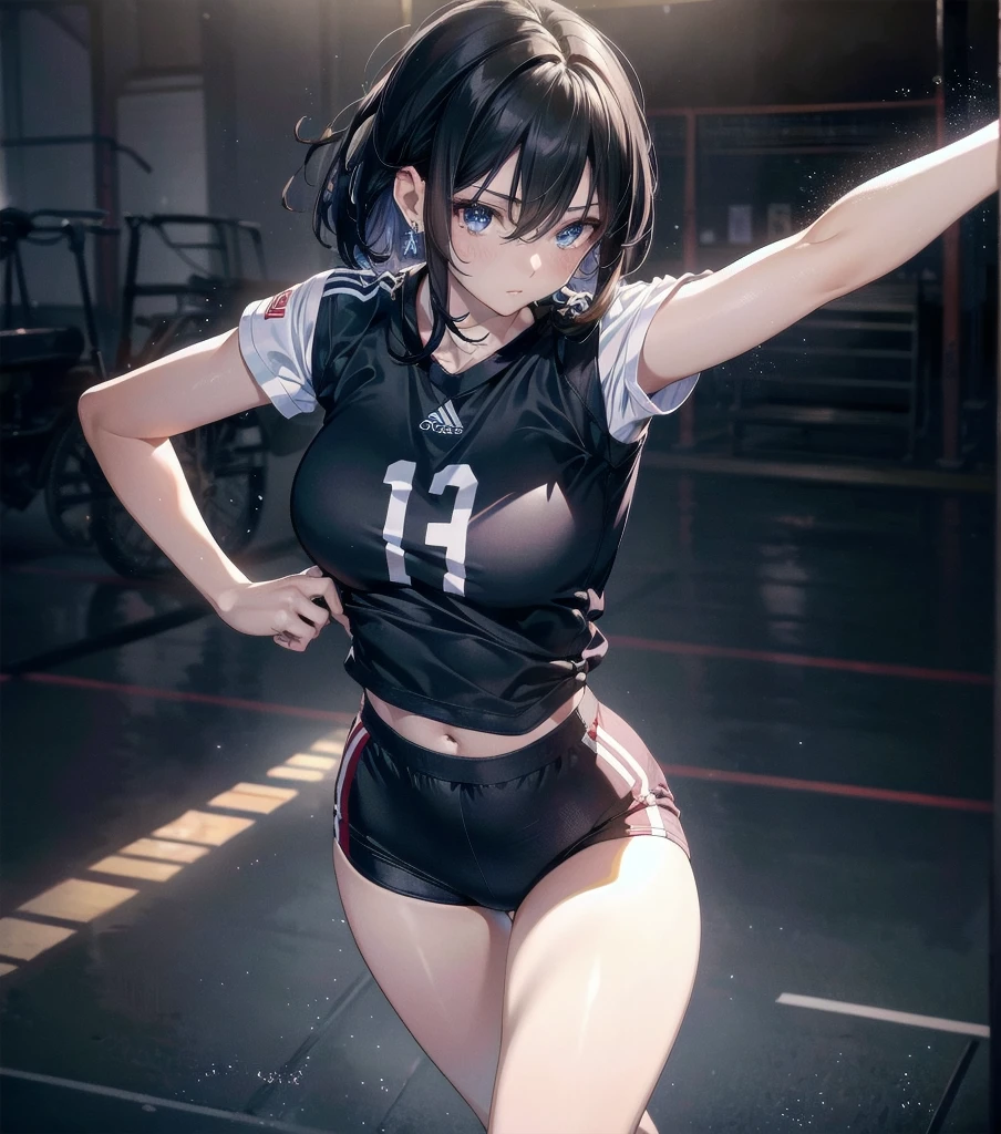 absurdres, RAW photo, extremely delicate and beautiful, masterpiece, Best Quality, ultra high resolution, 32k, hyperrealistic, ultra-detailed, Very detailed CG 8k wallpaper, Beautiful Lighting, Perfect Lightning, Realistic Shadows, perfect anatomy, super Detailed skin, perfect figure, Japanese woman, late 20s, very Slim body, narrow waist, very small head, handsome detailed woman, very detailed eyes and face, realistic face proportions, Stunning detailed eyes, Realistic beautiful face, very small face, Realistic small beautiful eyes, tearful mole, earring, beautiful and very thin legs, beautiful and very thin thighs, very huge round breasts, medium hair, black hair, full body shot, (volleyball uniform:1.2), shorts, midriff,