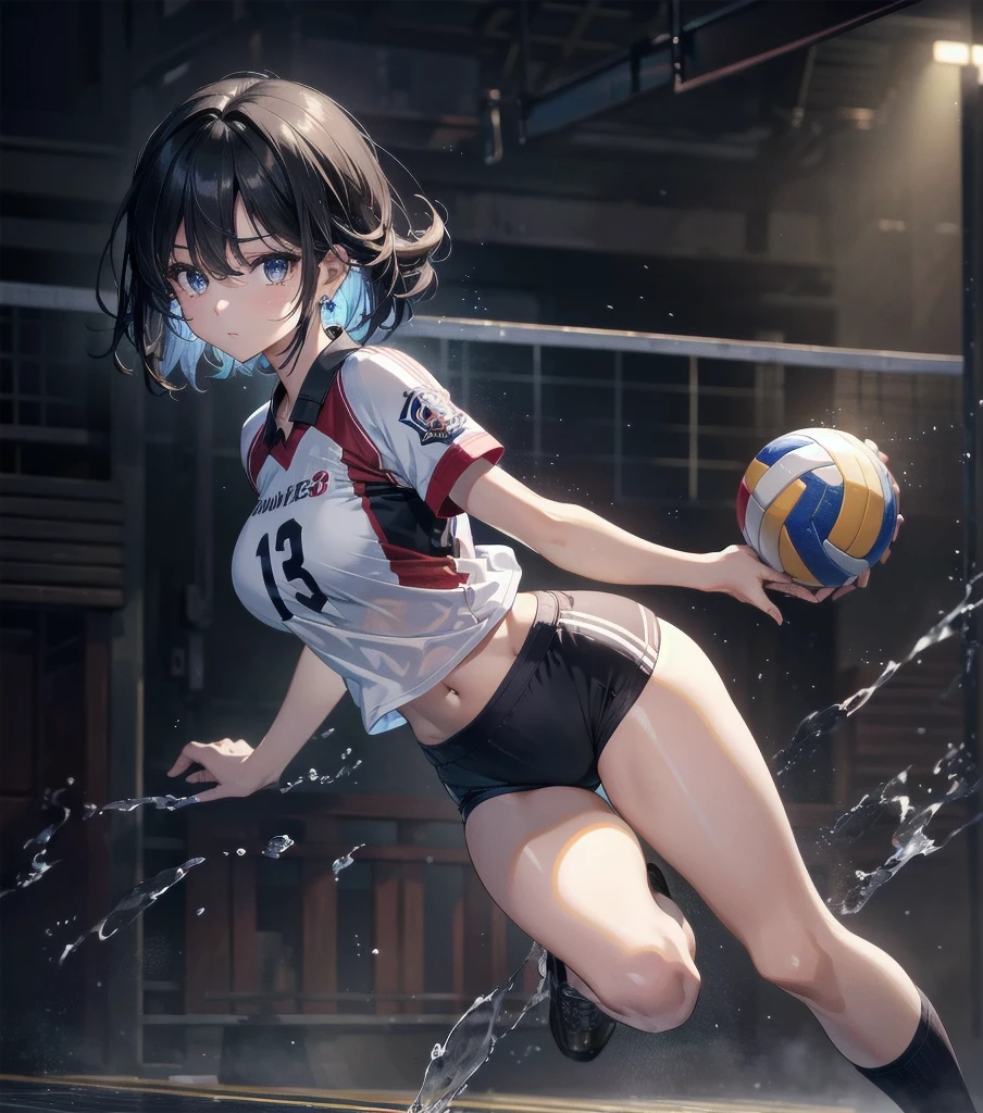 absurdres, RAW photo, extremely delicate and beautiful, masterpiece, Best Quality, ultra high resolution, 32k, hyperrealistic, ultra-detailed, Very detailed CG 8k wallpaper, Beautiful Lighting, Perfect Lightning, Realistic Shadows, perfect anatomy, super Detailed skin, perfect figure, Japanese woman, late 20s, very Slim body, narrow waist, very small head, handsome detailed woman, very detailed eyes and face, realistic face proportions, Stunning detailed eyes, Realistic beautiful face, very small face, Realistic small beautiful eyes, tearful mole, earring, beautiful and very thin legs, beautiful and very thin thighs, very huge round breasts, medium hair, black hair, full body shot, (volleyball uniform:1.2), shorts, midriff, 