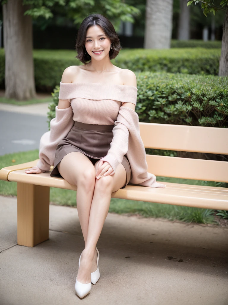 最high quality, 8K, Masseter area, Energetic, Clear focus, high quality, high resolution, Delicate face, Fine particles, thick lips, (Looking at the audience), Solitary, Beautiful woman, 38 years old, Plum, Black hair,  (Light-colored off-shoulder skirt:1.5), afternoon、In front of the park garden,（Sitting on a bench：1.5）、((Smile:1.5))、((Wearing black high heels))