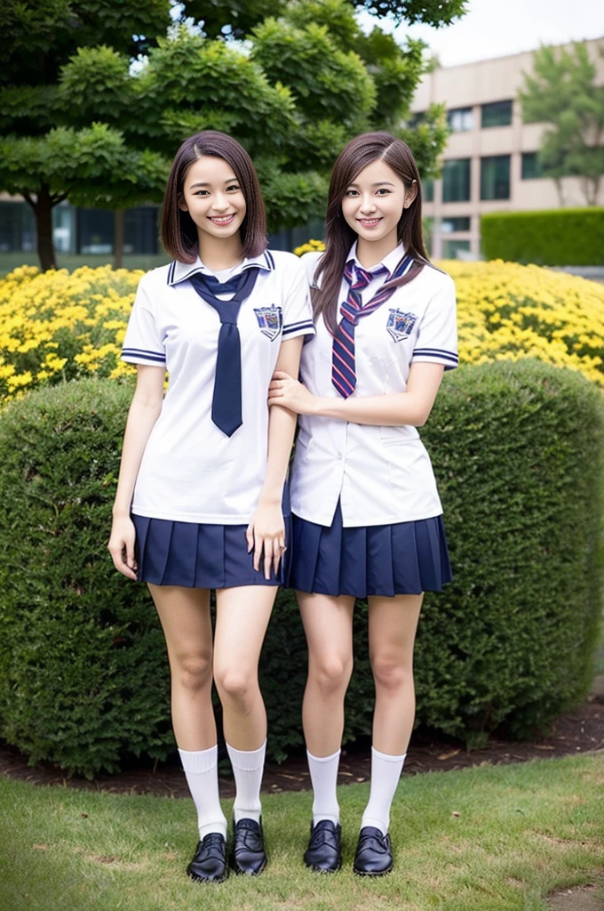 (((Full Body Lesbian)))、((Girls' High School Uniforms))、((1people))、short hair、Close to the topic、((School flower beds)))、(((smile)))、(((Girls' High School)))、((Beautiful girl))、((Sexy pose))、Photorealistic、Beautiful attention to detail、Hyperrealism、High Contrast、Ultra HD、Realistic skin texture、Best image quality、Highest quality、Ultra-high resolution、Fine details、With great care