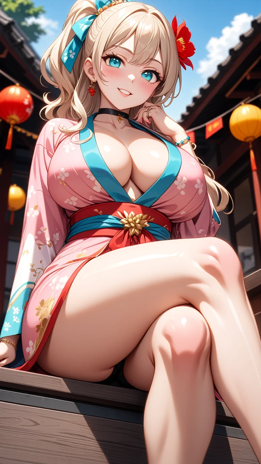 ((One personの女性)), Beautiful Face,(Laughing embarrassedly), (naughty face:1.2), (Wink:1.9), (head tilt:1.3), Laughing with your mouth open, upper teeth, ((Bright red cheeks:1.4)),Glossy pink lips, ((crossed legs:1.4)), ((thigh focus)), ((panty shot:1.3)), looking down at viewer,Touching hair with hands,looking at viewer,Shining Face, rooftop, Festival decorations, firework, ((Anime style background)),masterpiece, Highest quality, so beautiful,up to date, Complex details, (Pink long nails),(ring),(bracelet),(choker),AI-generated, Complex,High resolution, Highest quality, super high quality,3D Images、3D Images,One person,Long blonde hair,ponytail, wavy hair ,Anime woman posing for a photo, ((Fine grain、Turquoise Eyes、Shining Eyes:1.3)), (Squint your eyes:1.1),a hyperRealistic , hyperRealistic , Realistic,Anime woman with long white hair, Smooth anime CG art, A woman in a colorful kimono with gold embroidery, (Pink long sleeve kimono),Red floral pattern,Long flower hair ornament,Earrings,Mature Body,(Big Breasts:1.1),Tall,Abdominal muscles,Tight waist,(Zoom up to face:1.1), ((from the side and slightly from below)),