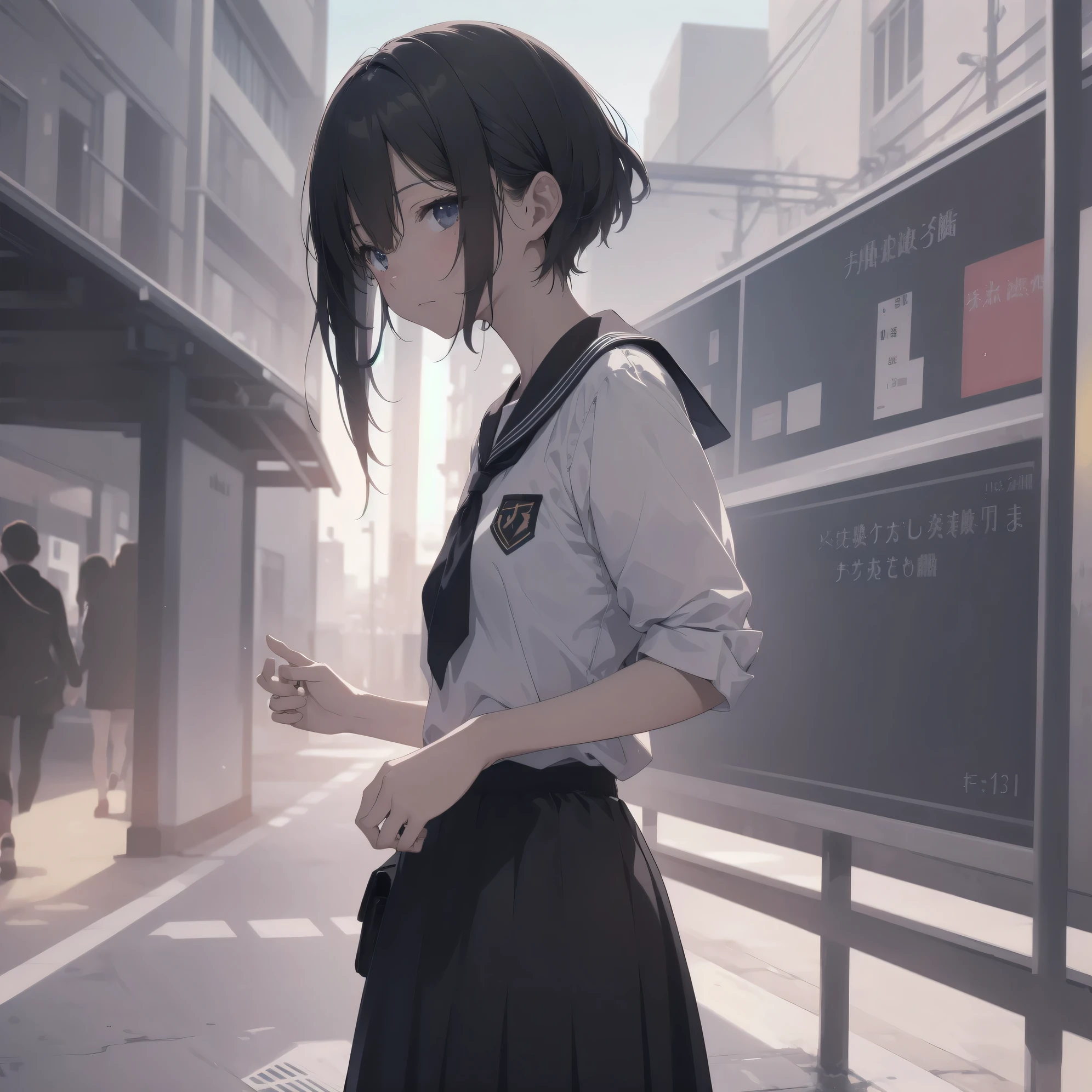 ultra-absurdres-Top quality by artist God, ultra-detailed, high resolution, anime moe artstyle, best anime 8k konachan wallpaper, pixiv contest winner, pool:2810, perfect anatomy,break, 1girl, (Please draw a girl walking sleepily to school alone. )break,(Solo,little female, 13-year-old:1.3),Full limbs, complete fingers,a junior high school student, (very short hair), short cut, flat chest, , small butt, small black eyes, beautiful detailed eyes, well-proportioned iris and pupils, expressive eyes, highres detailed hair, soft expression, salor school_uniform, sailor collar, serahuku, bow, pleated skirt,(Detailed Lighting), (Detailed background), in the School commute route. break,super detailed skin, Best cinematic lighting powered by famous artist, 8k,beauty illustration,photoshop_(medium),very aesthetic,break,((artist:toosaka_asagi )), artist:clamp ,artist:carnelian ,artist:kantoku ,
