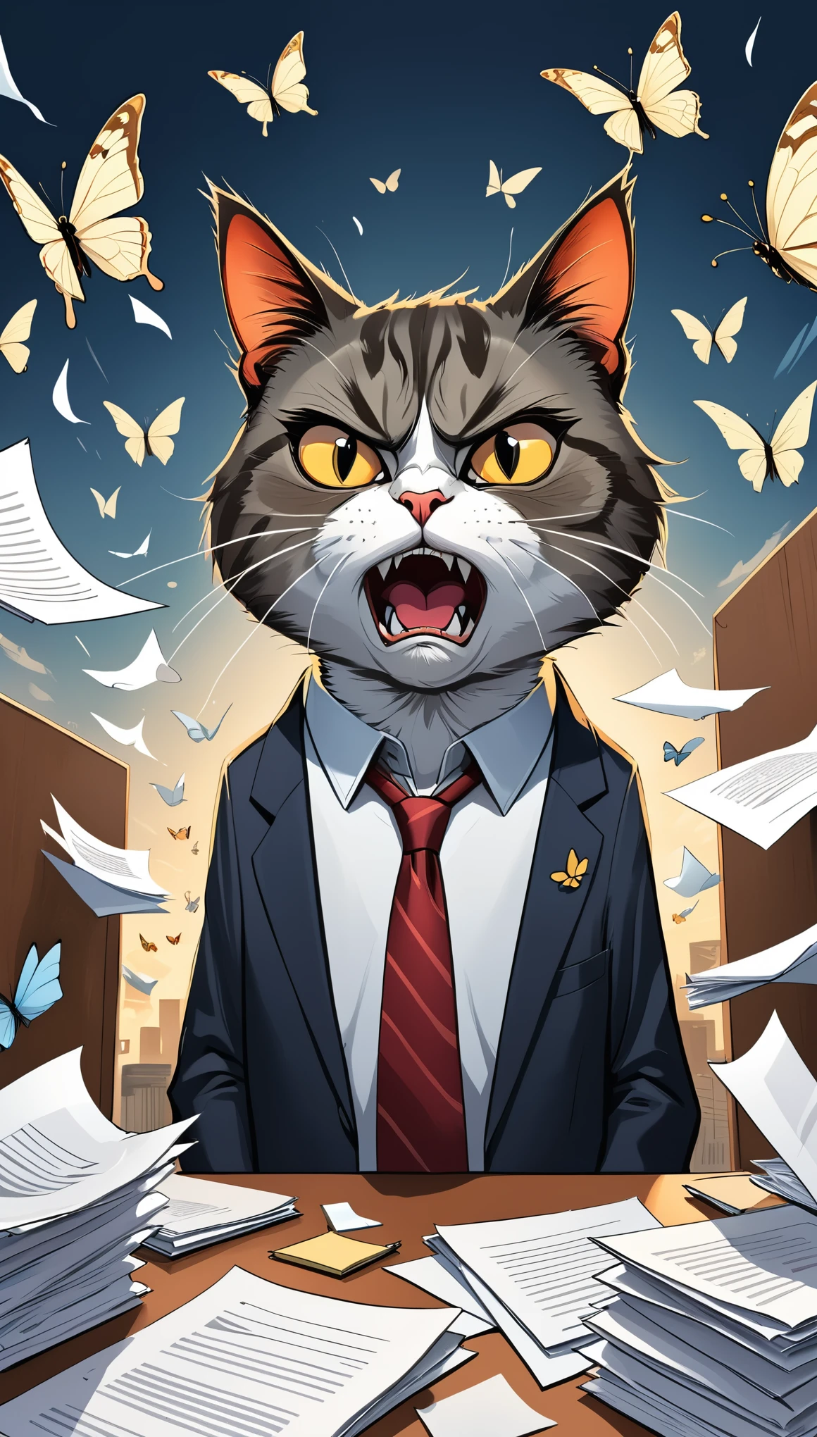 comics, A humorous and expressive cartoon of an angry cat portrait，Head full of briefing papers，Butterflies in the air