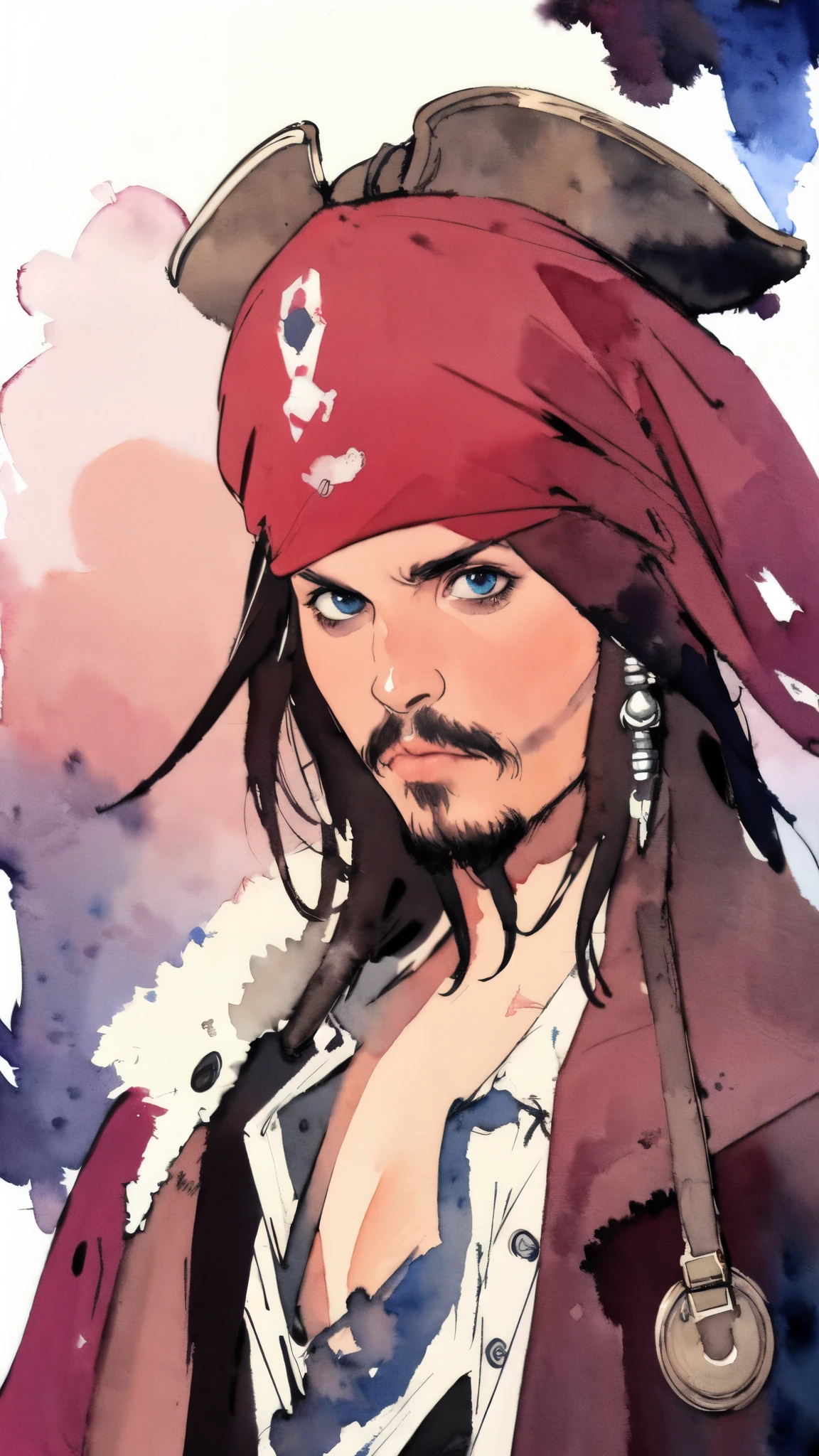 (masterpiece:1.2, Highest quality),8K,wallpaper,((Watercolor)),(Jack Sparrow), Upper body close-up,front,Dressed in a pirate costume,Perfect Eyes,Detailed face,,Cool guy