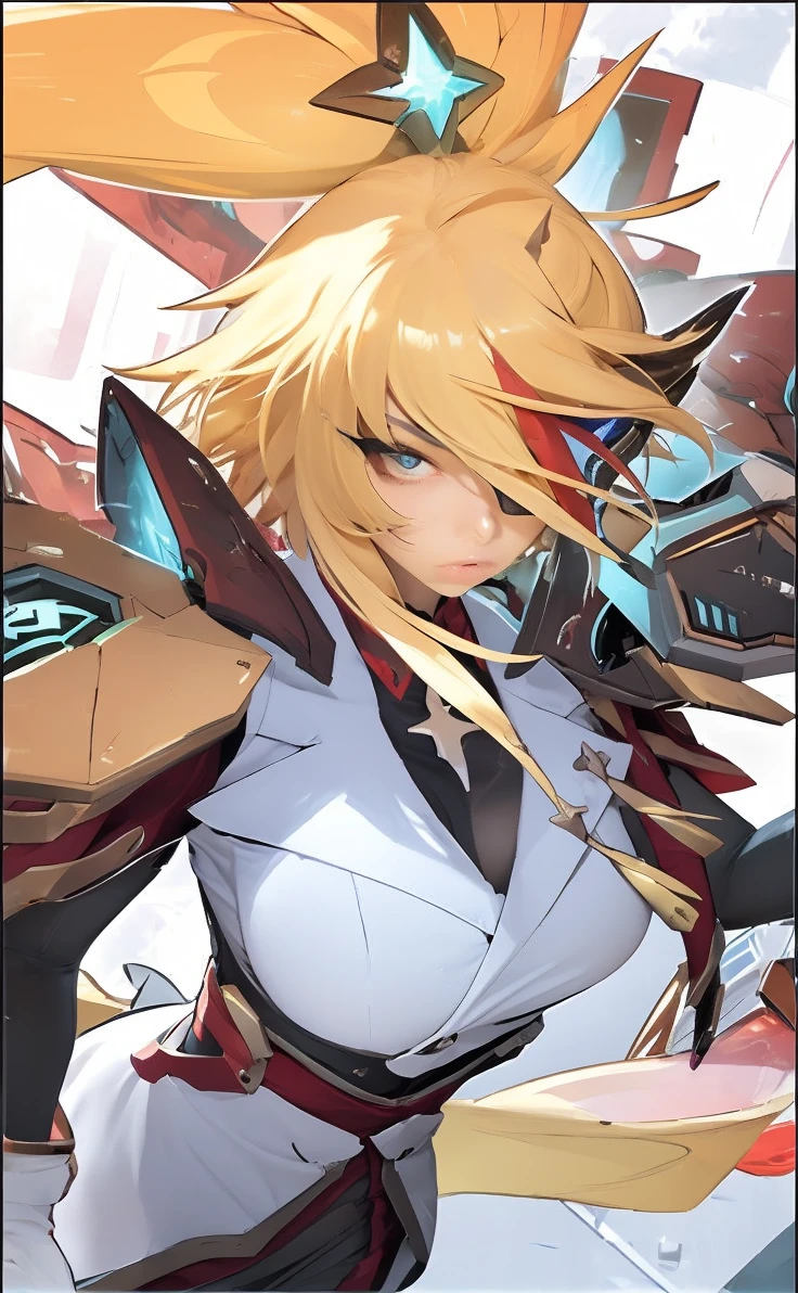 NSFW, 8k, best quality, highres, realistic, real person, A dramatic scene of the same fierce and muscular female knight with golden hair, now in a defensive and struggling pose. She is wearing light armor that reveals her muscular abdomen and arms, and her expression shows intense strain and struggle as she is being struck by a sword. The background depicts the chaos of the battle and the ancient castle.