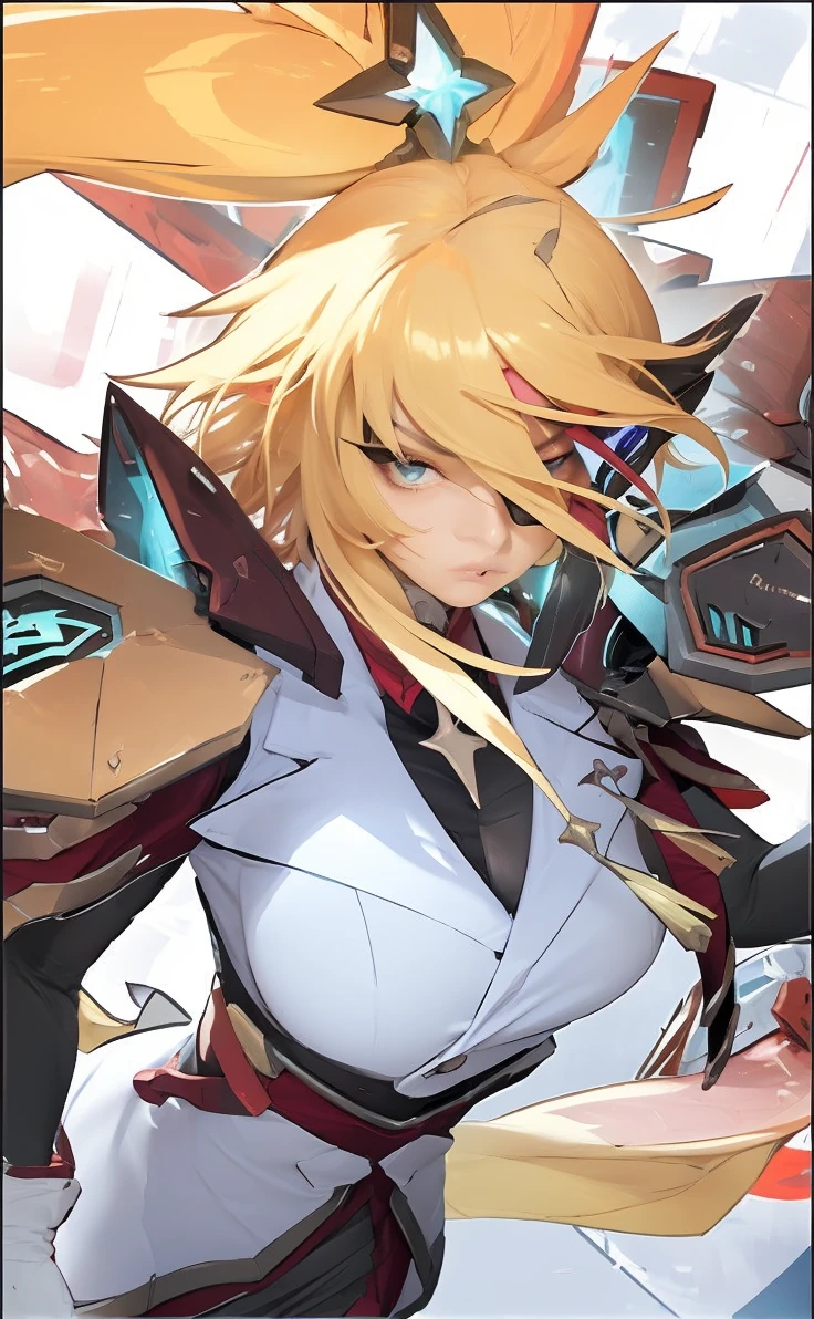 NSFW, 8k, best quality, highres, realistic, real person, A dramatic scene of the same fierce and muscular female knight with golden hair, now in a defensive and struggling pose. She is wearing light armor that reveals her muscular abdomen and arms, and her expression shows intense strain and struggle as she is being struck by a sword. The background depicts the chaos of the battle and the ancient castle.