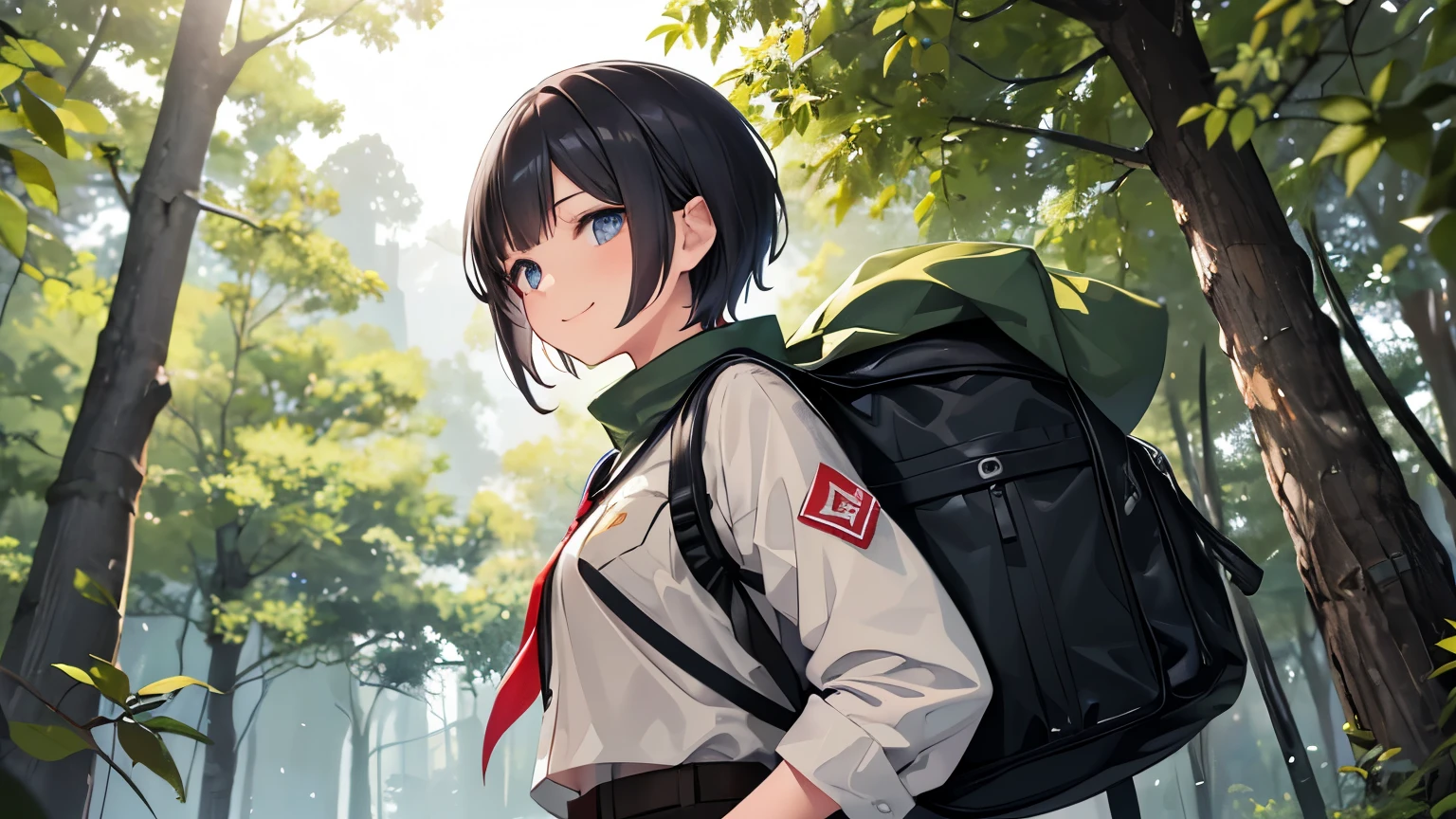 A 19-year-old girl with short shoulder-length black hair and blue eyes., dressed in a Boy Scout uniform. The girl is wearing an olive green shirt with badges and patches on the sleeves, a red scout scarf around the neck, And brown shorts. It is standing in a natural environment, surrounded by trees and vegetation, with a backpack slung over one shoulder and a confident smile on his face, ready for your next outdoor adventure.