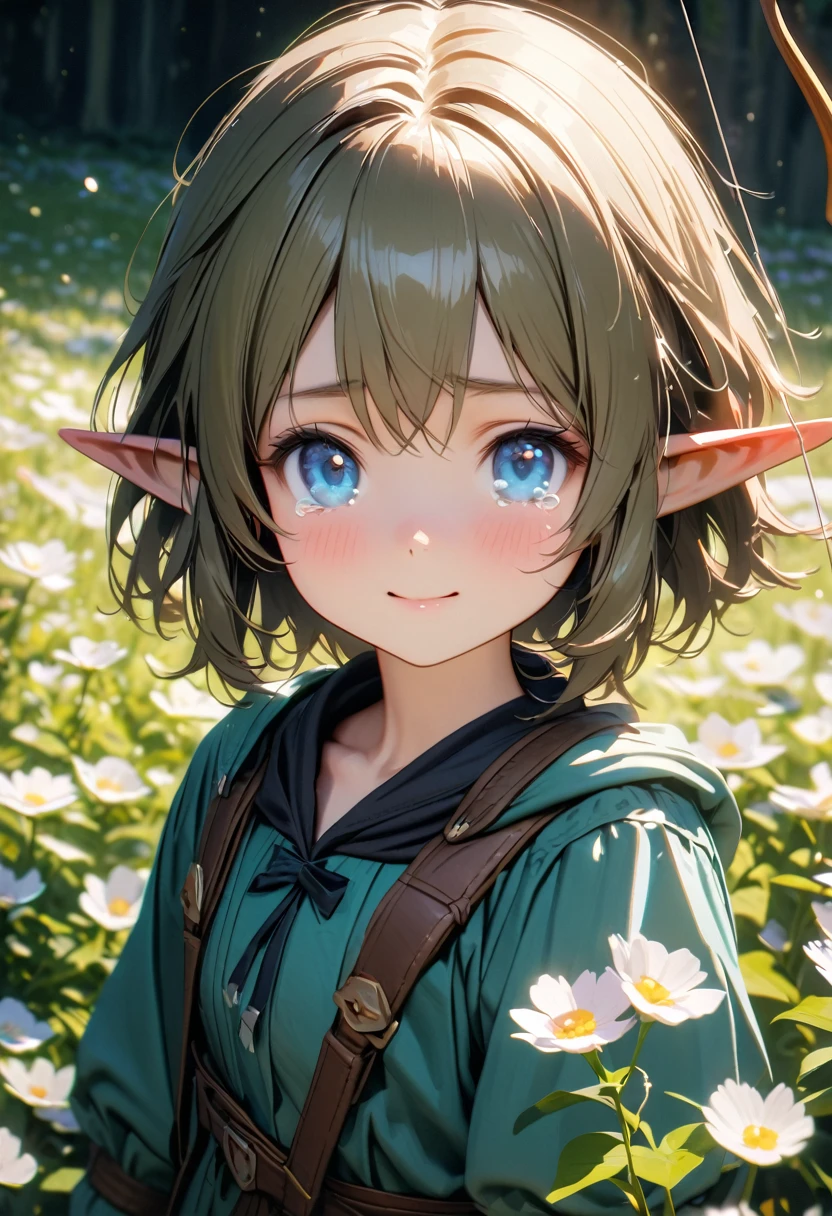 A photorealistic image of a young archer girl with a gentle smile, holding a bow and arrow. She is standing in a field of blooming flowers, with soft lighting and a calm atmosphere. High resolution, ultra-detailed, 8K, best quality.((Archer:1.3)),((Loli Elf:1.3)),((Beautiful Tears))、Upper Body、(Little)