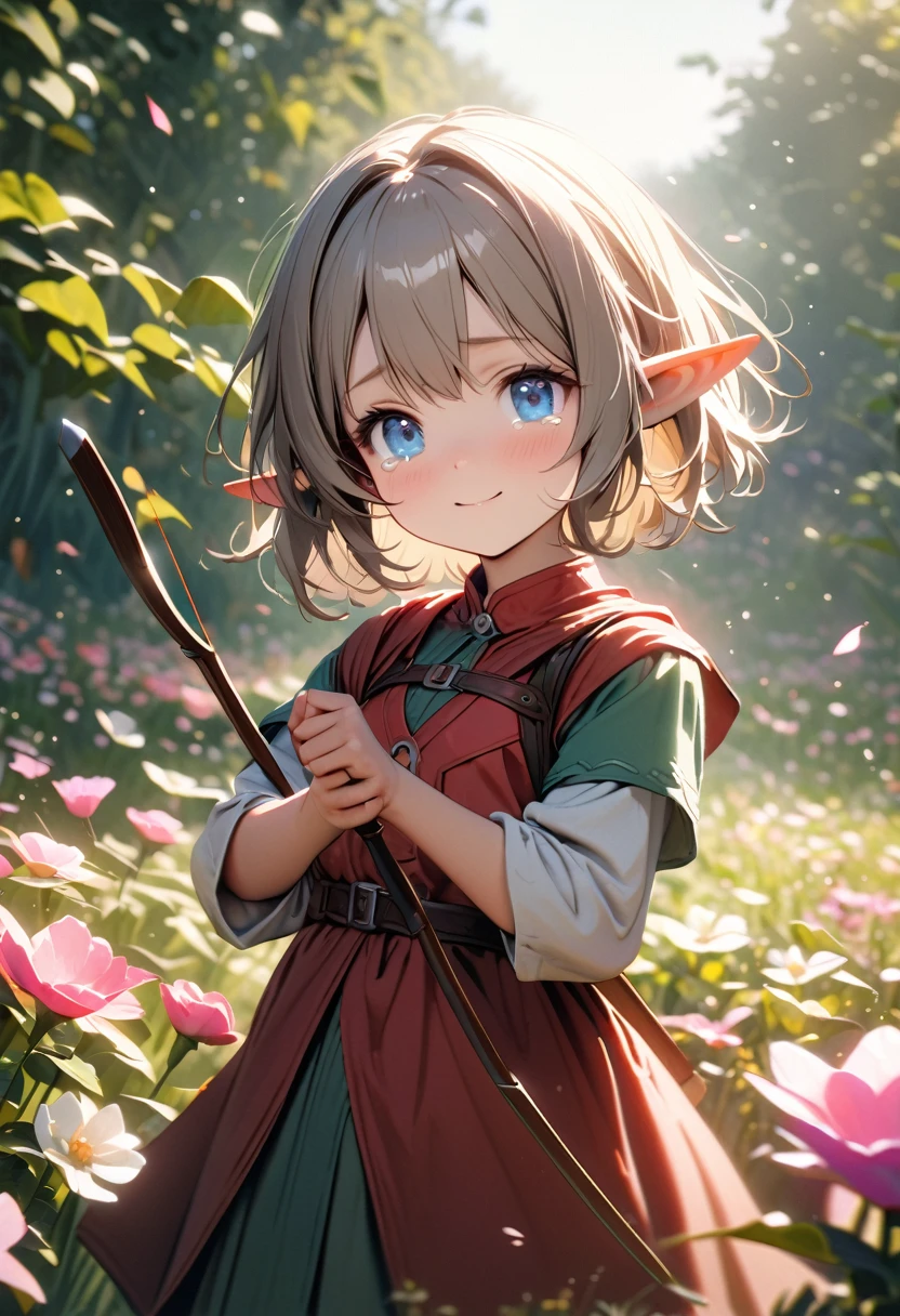 A photorealistic image of a young archer girl with a gentle smile, holding a bow and arrow. She is standing in a field of blooming flowers, with soft lighting and a calm atmosphere. High resolution, ultra-detailed, 8K, best quality.((Archer:1.3)),((Loli Elf:1.3)),((Beautiful Tears))、Upper Body、(Little)