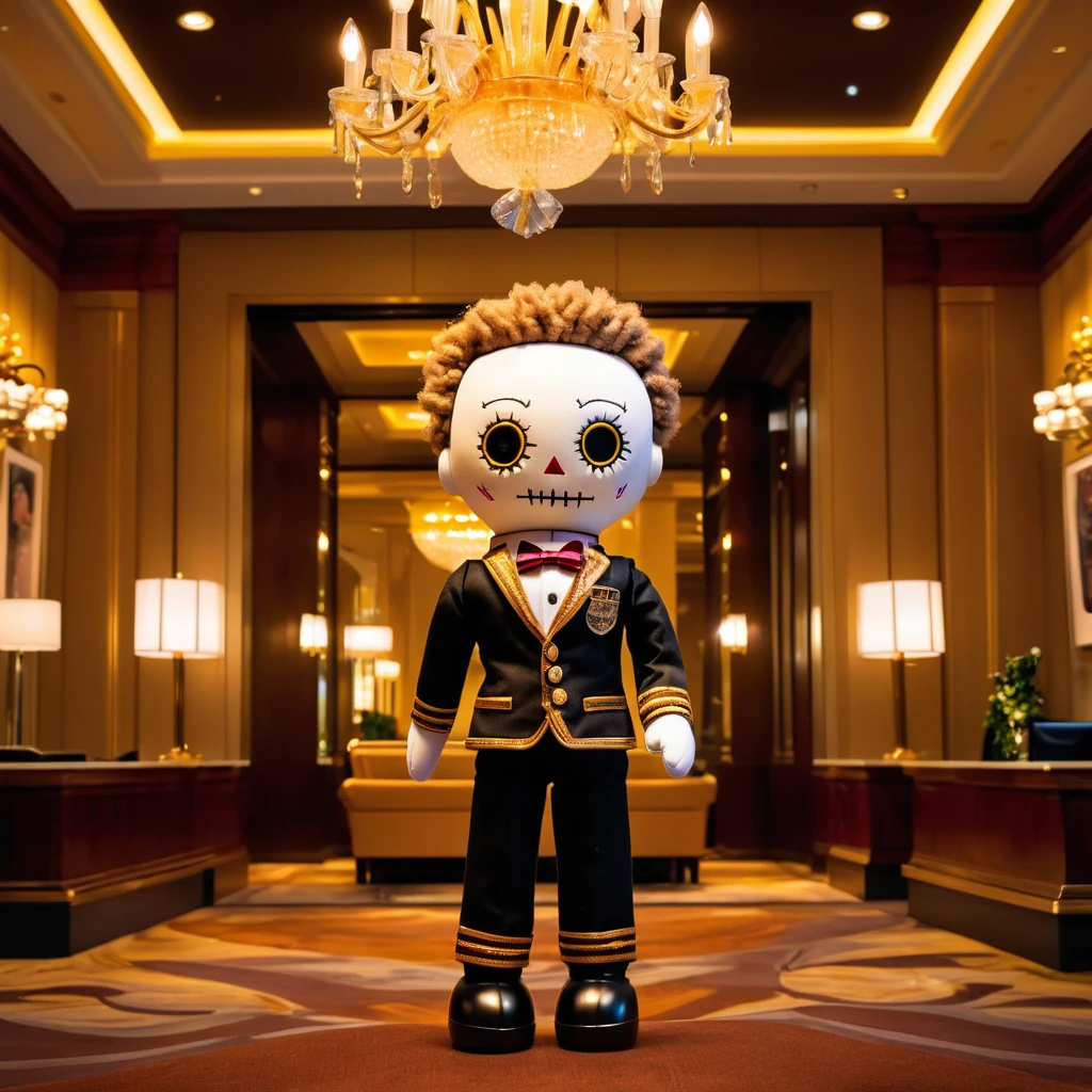 (knitted toy voodoo doll:1.8), (Voodoo Doll Luxury Hotel Concierge:1.3), (Clothing: elegant uniform with gold accents:1.0), (Accessories: enchanted keycard emitting warm light, levitating luggage:1.1), (background: opulent hotel lobby with floating crystal chandeliers, glowing front desk, and spectral guests:1.2), best quality, masterpiece, detailed soft oil painting, detailed background, dramatic cinematic lighting, soft edge lighting, professional, dramatic lighting, hard edge lighting, ultra quality, 4k,masterpiece, best quality, 8k, ultra highres, highres, extremely detailed