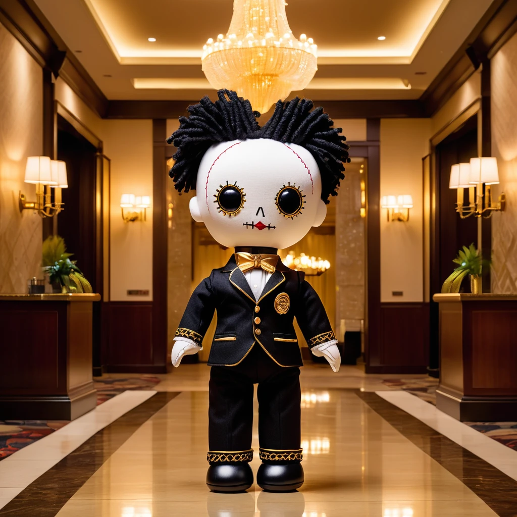 (knitted toy voodoo doll:1.8), (Voodoo Doll Luxury Hotel Concierge:1.3), (Clothing: elegant uniform with gold accents:1.0), (Accessories: enchanted keycard emitting warm light, levitating luggage:1.1), (background: opulent hotel lobby with floating crystal chandeliers, glowing front desk, and spectral guests:1.2), best quality, masterpiece, detailed soft oil painting, detailed background, dramatic cinematic lighting, soft edge lighting, professional, dramatic lighting, hard edge lighting, ultra quality, 4k,masterpiece, best quality, 8k, ultra highres, highres, extremely detailed