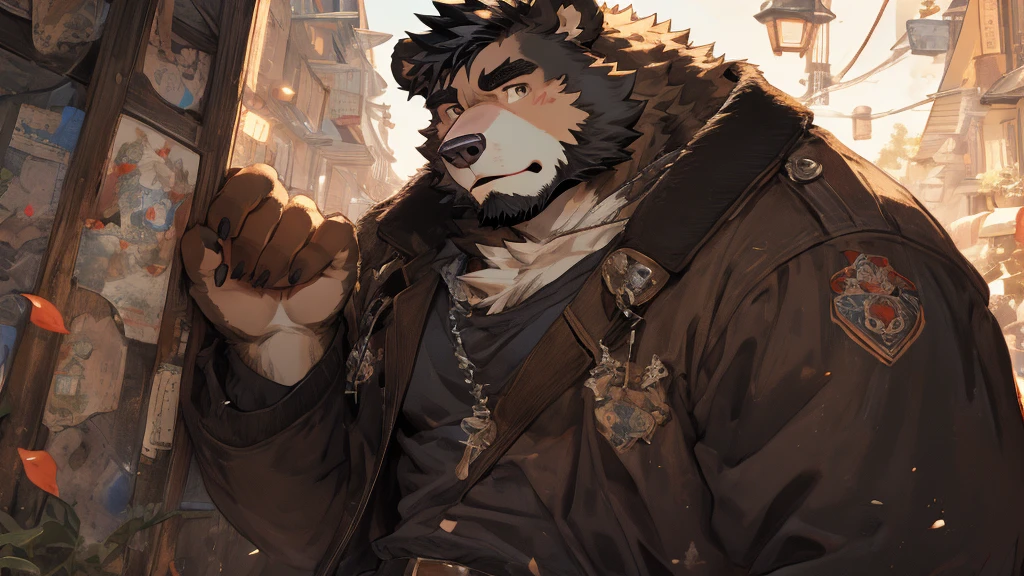 (Very detailed), Clear focus,hairy, Black and white fur), black beard, Black Hair,Bear:1.3), male, Middle-aged people, Brown body, White belly, muscular ,Very detailed的脸,(Messy 1.4),(best quality), (masterpiece), High Detail, high quality,high resolution,16K,majestic appearance,Overlooking,(棕Bear:1.3),(Brown fur:1.3)