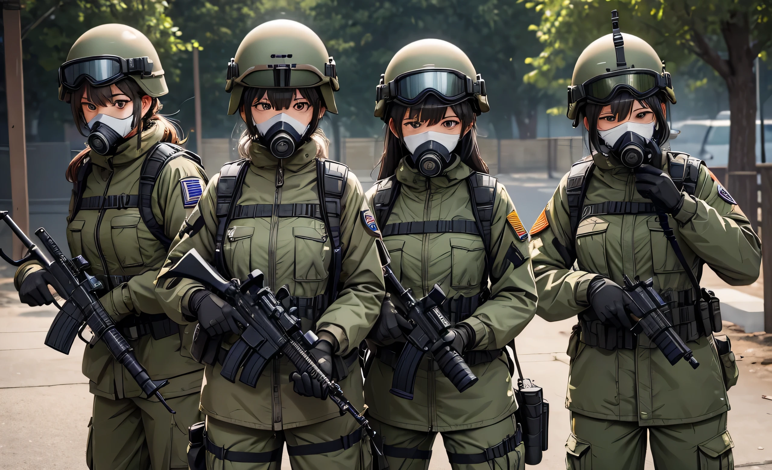 Five female special forces soldiers wearing gas masks、Put on a helmet、Wear goggles、M51 Military Uniform、Stand guard with a gun、Write details、masterpiece、best quality、Highly detailed CG、8K picture quality