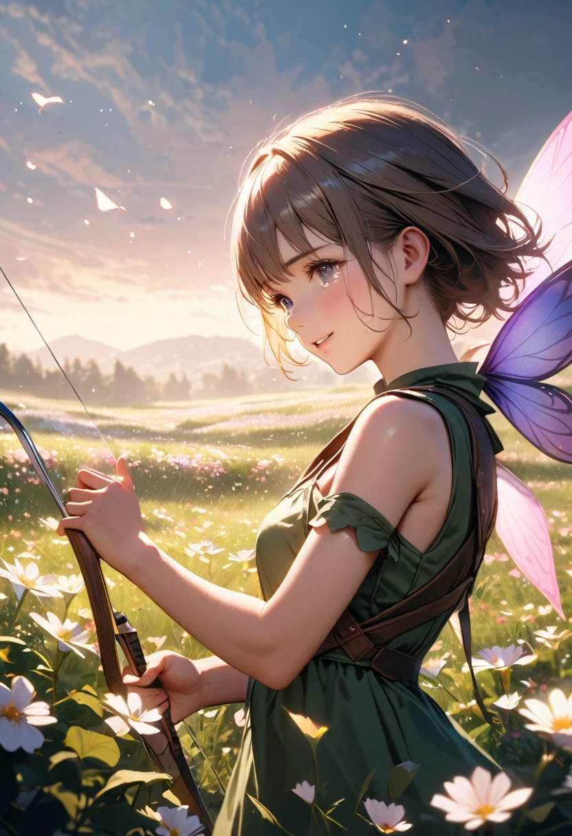 A photorealistic image of a young archer girl with a gentle smile, holding a bow and arrow. She is standing in a field of blooming flowers, with soft lighting and a calm atmosphere. High resolution, ultra-detailed, 8K, best quality.((Archer:1.3)),(( Fairy:1.3)),((Beautiful Tears))、Upper Body、(Little)