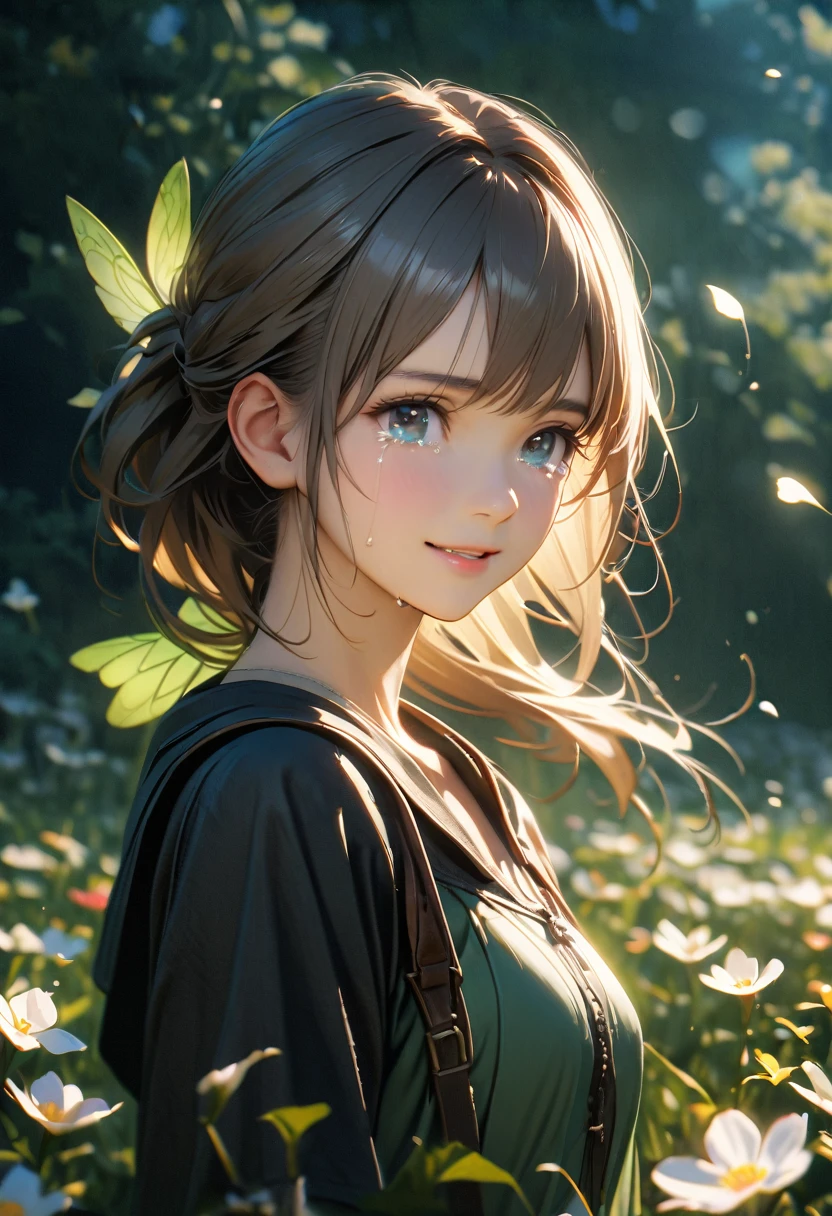 A photorealistic image of a young archer girl with a gentle smile, holding a bow and arrow. She is standing in a field of blooming flowers, with soft lighting and a calm atmosphere. High resolution, ultra-detailed, 8K, best quality.((Archer:1.3)),(( Fairy:1.3)),((Beautiful Tears))、Upper Body、(Little)