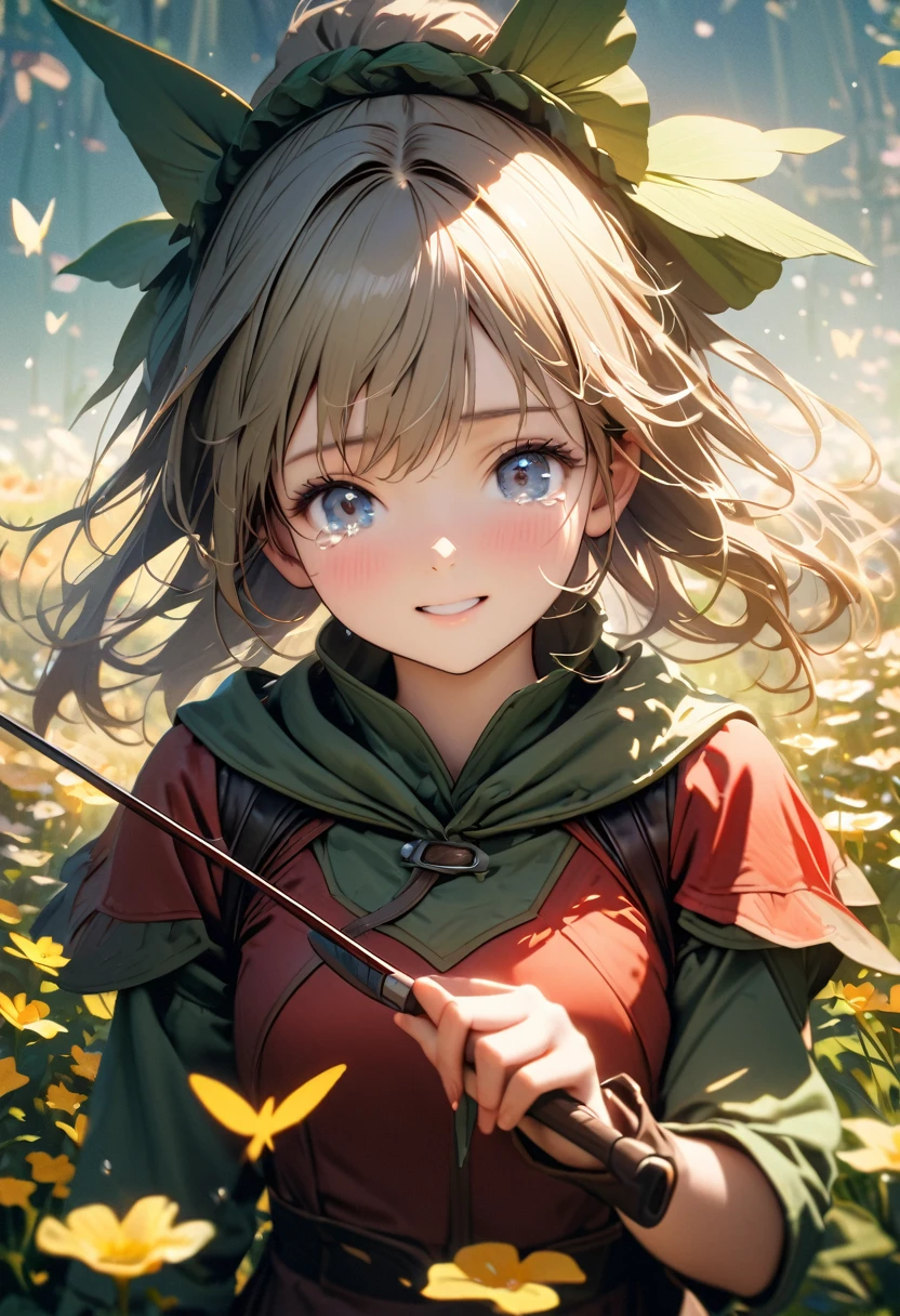 A photorealistic image of a young archer girl with a gentle smile, holding a bow and arrow. She is standing in a field of blooming flowers, with soft lighting and a calm atmosphere. High resolution, ultra-detailed, 8K, best quality.((Archer:1.3)),((  Fairy:1.3)),((Beautiful Tears))、Upper Body、(Little)