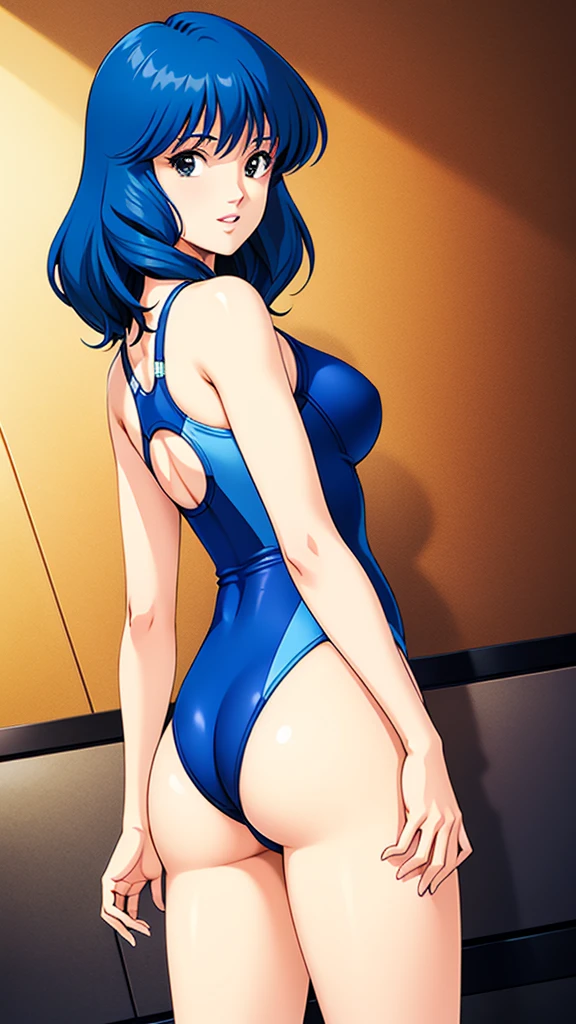 LynnMinmay, 1girl, solo, black hair, cowboy shot, ultra-detailed, best quality, masterpiece, illustration, game cg, one-piece swimsuit, looking back at viewer