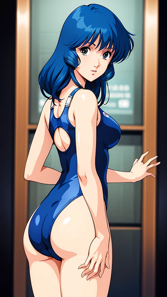 LynnMinmay, 1girl, solo, black hair, cowboy shot, ultra-detailed, best quality, masterpiece, illustration, game cg, one-piece swimsuit, looking back at viewer