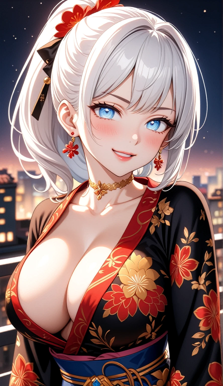 ((One personの女性)), Beautiful Face, (Laughing embarrassedly), (laugh:1.2),((Wink:1.7)), (head tilt:1.3), Laugh with your mouth wide open, upper teeth, looking down at viewer, ((Bright red cheeks:1.4)),Glossy Red Lips,rooftop, firework, Glossy red lips, Shining Face, ((Anime style background)),masterpiece, Highest quality, so beautiful,up to date, Complex details, (Pink long nails),(ring),(bracelet),(Floral choker),AI-generated, Complex,High resolution, Highest quality, super high quality,3D Images、3D Images,One person,Long white hair,High Ponytail, Anime woman posing for a photo,(blue eyes), ((Fine grain、Silvery white, lightly pigmented eyes、Shining Eyes:1.4)), (Squint your eyes:1.1),a hyperRealistic , hyperRealistic , Realistic,Anime woman with long white hair, Smooth anime CG art, A woman in a colorful kimono with gold embroidery, (Black long sleeve kimono),Red floral pattern,Long flower hair ornament,Earrings,Mature Body,(Big Breasts:1.1),Tall,Abdominal muscles,Tight waist,(Zoom up to face:1.4), (front view),